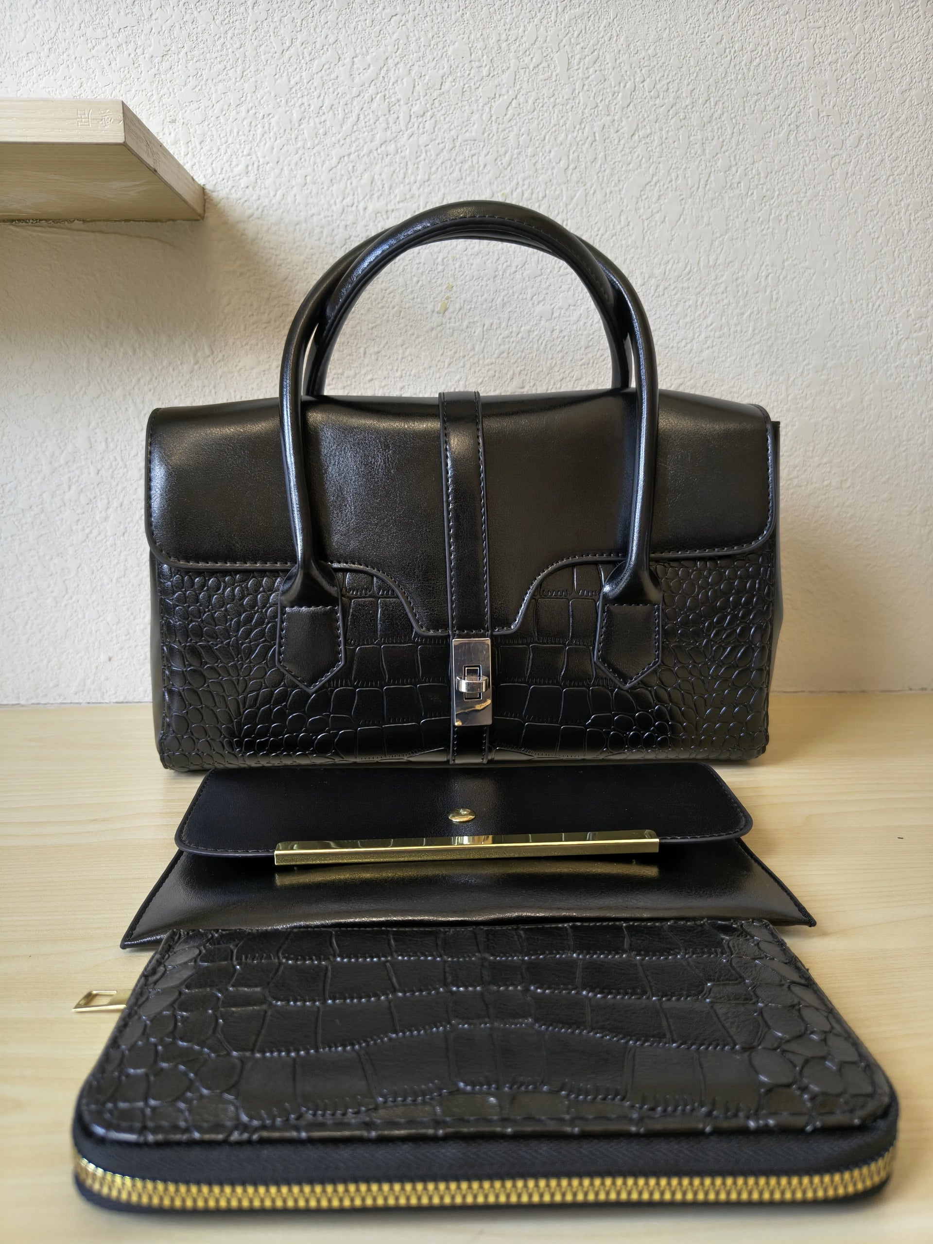 バッグ Caristyle Black Crocodile Embossed Spliced 3-Piece Tote Bag Set (E65
