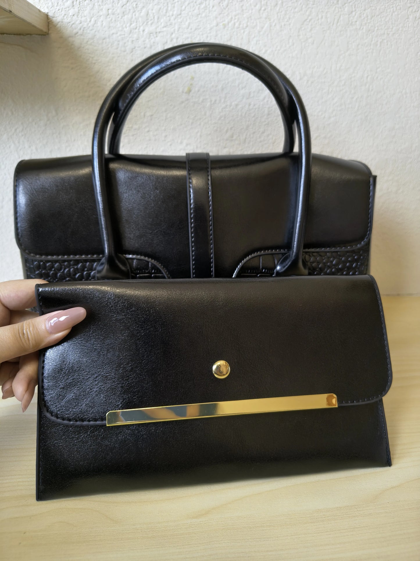 Black Crocodile Embossed Spliced 3-Piece Tote Bag Set (E65)