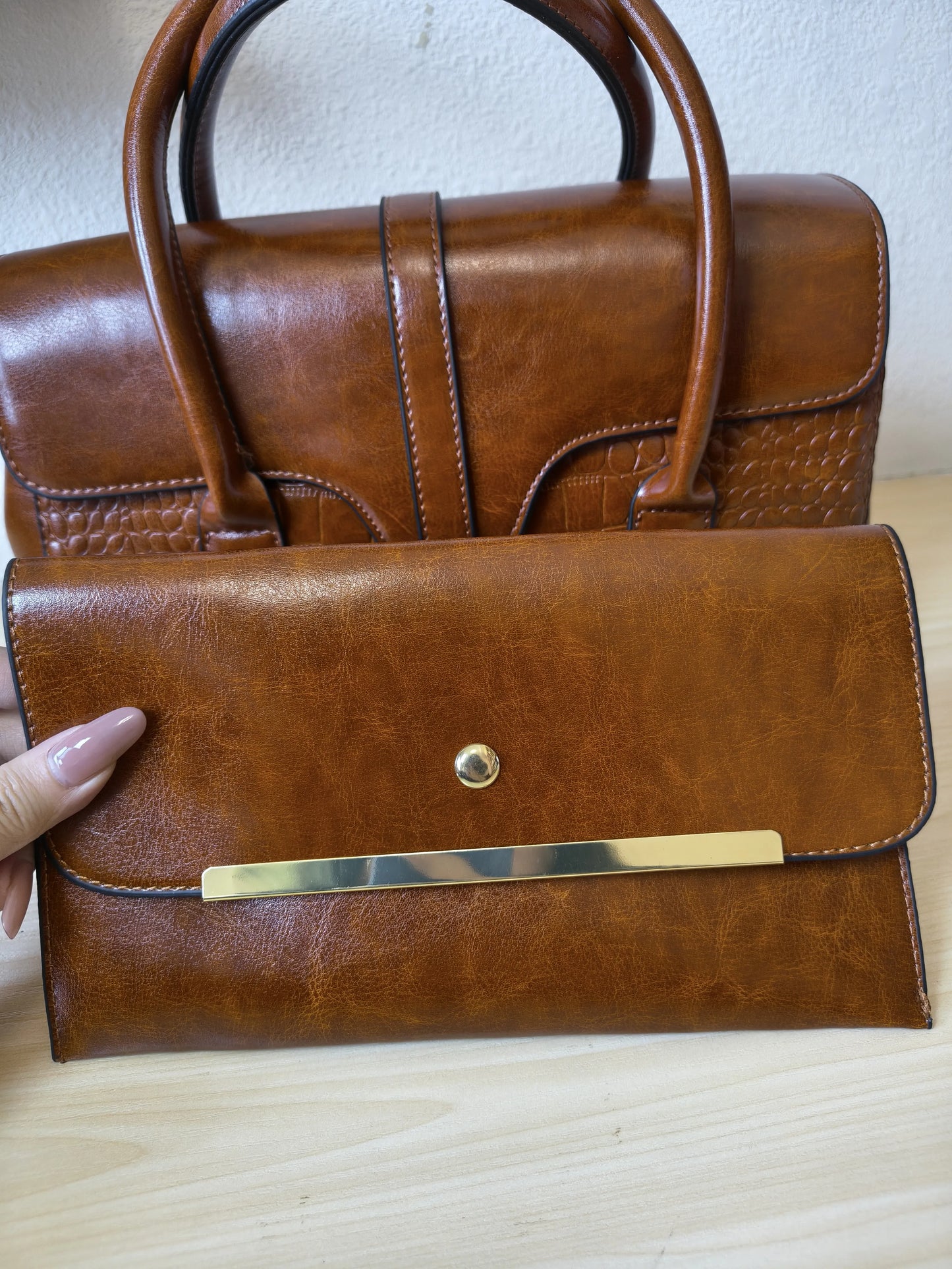 Caramel Crocodile Embossed Spliced 3-Piece Tote Bag Set (E67)