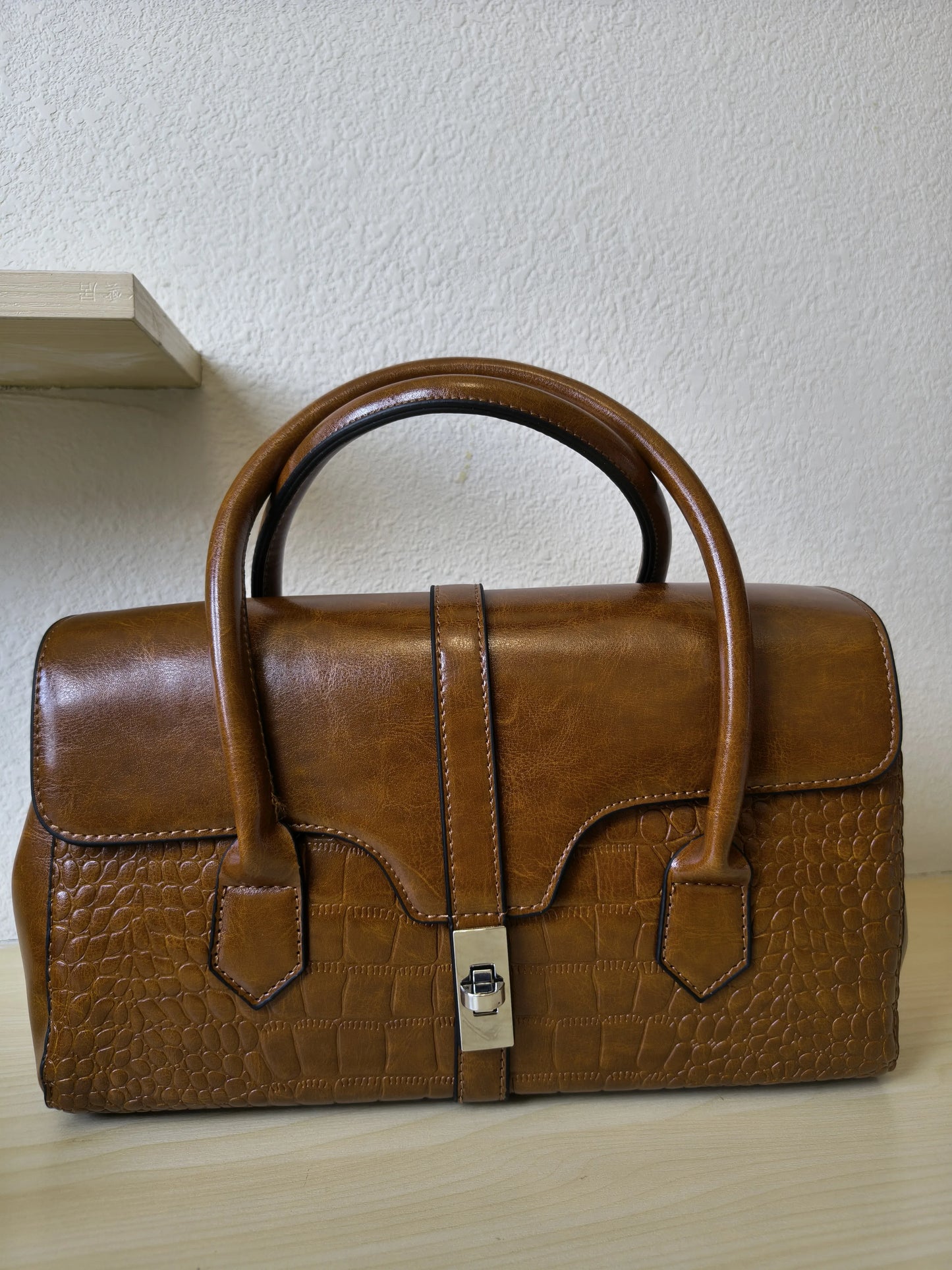 Caramel Crocodile Embossed Spliced 3-Piece Tote Bag Set (E67)