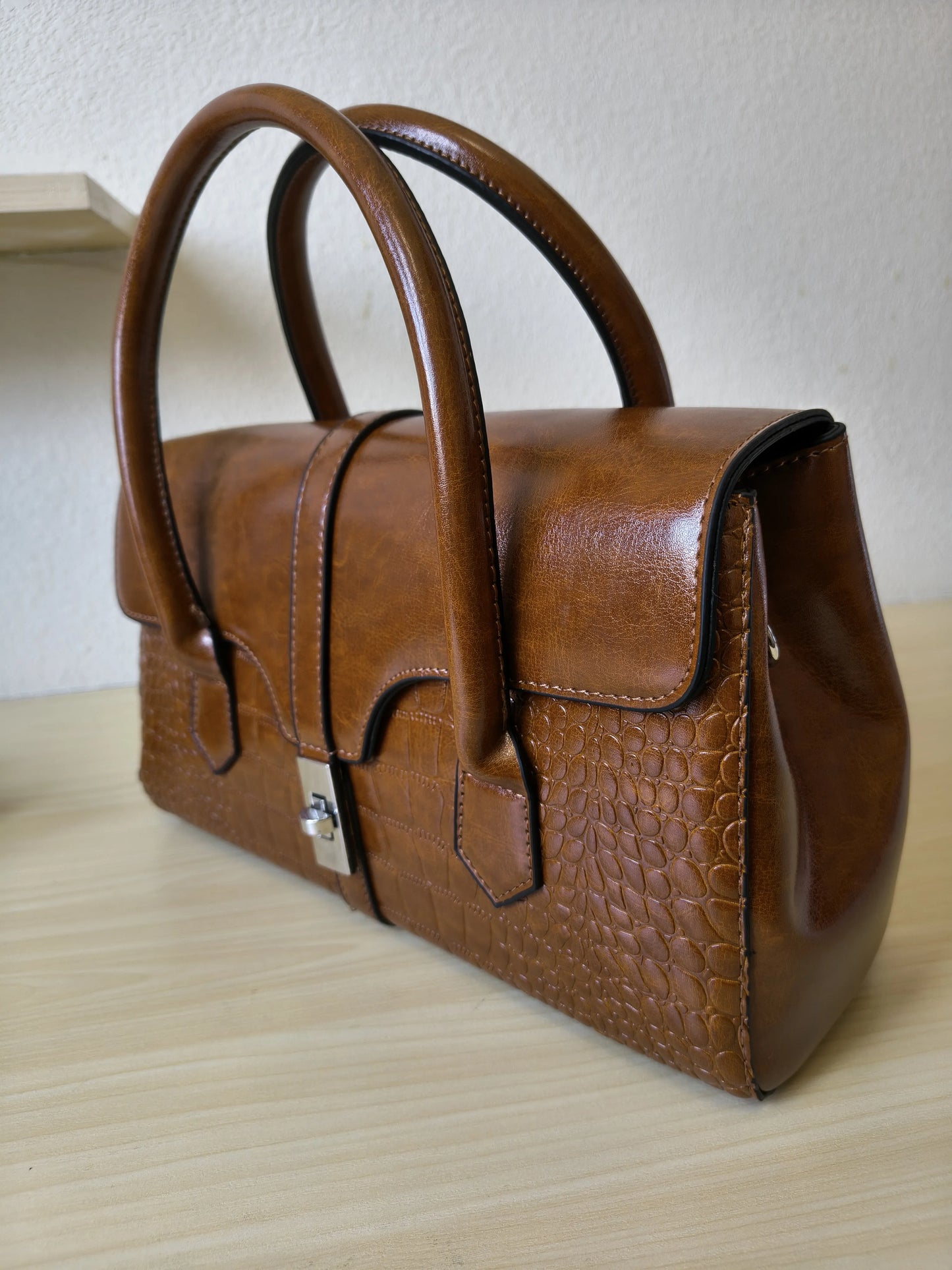 Caramel Crocodile Embossed Spliced 3-Piece Tote Bag Set (E67)