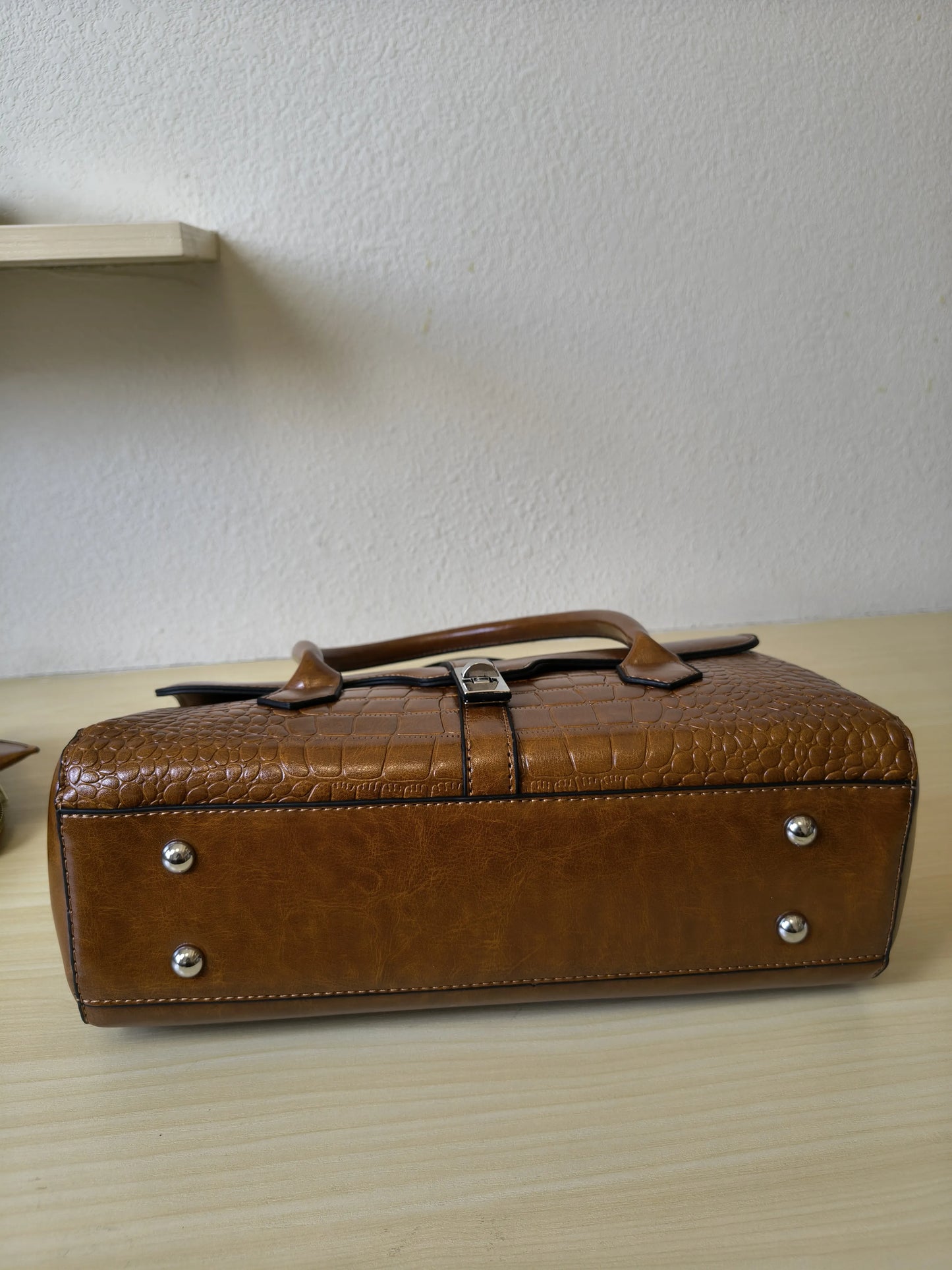 Caramel Crocodile Embossed Spliced 3-Piece Tote Bag Set (E67)