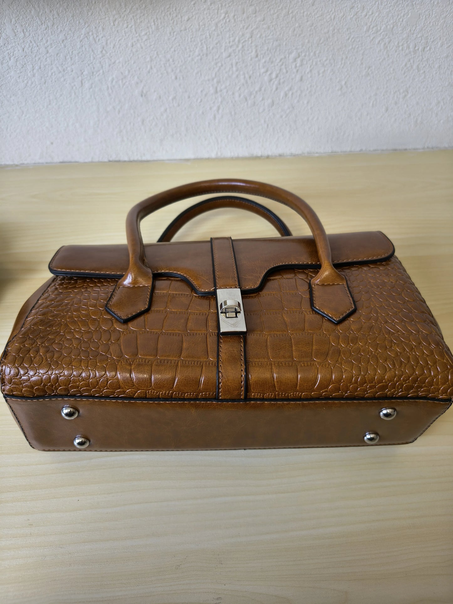 Caramel Crocodile Embossed Spliced 3-Piece Tote Bag Set (E67)
