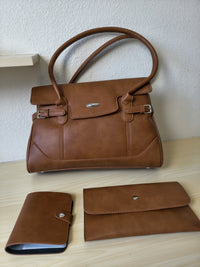 Caramel Matte Leather 3-Piece Structured Tote Bag Set (E68)
