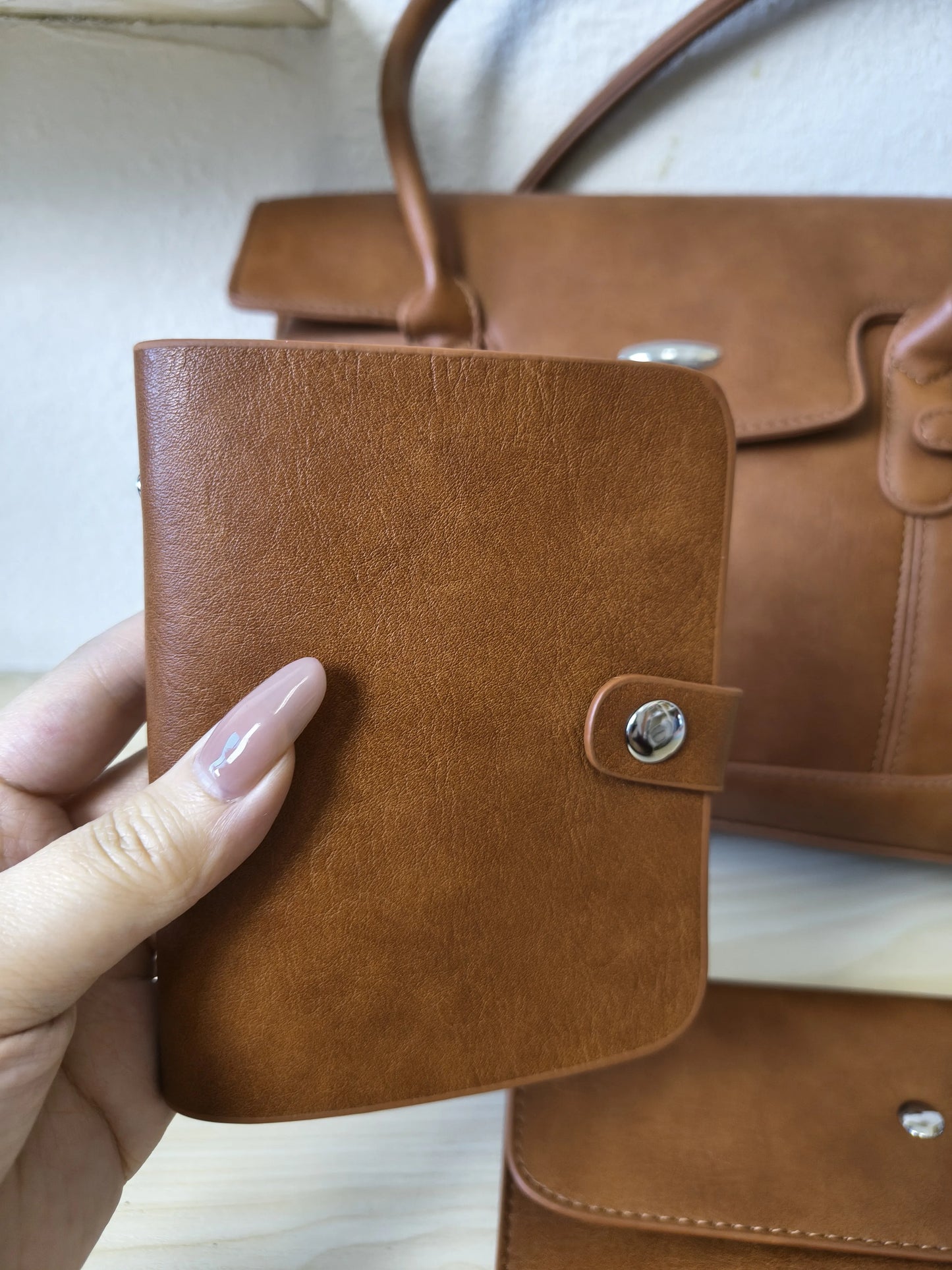 Caramel Matte Leather 3-Piece Structured Tote Bag Set (E68)