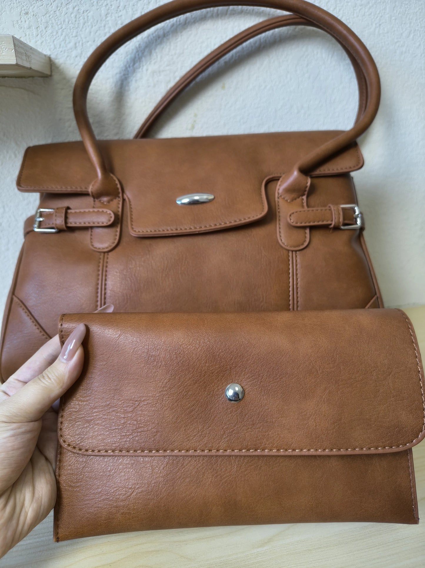 Caramel Matte Leather 3-Piece Structured Tote Bag Set (E68)