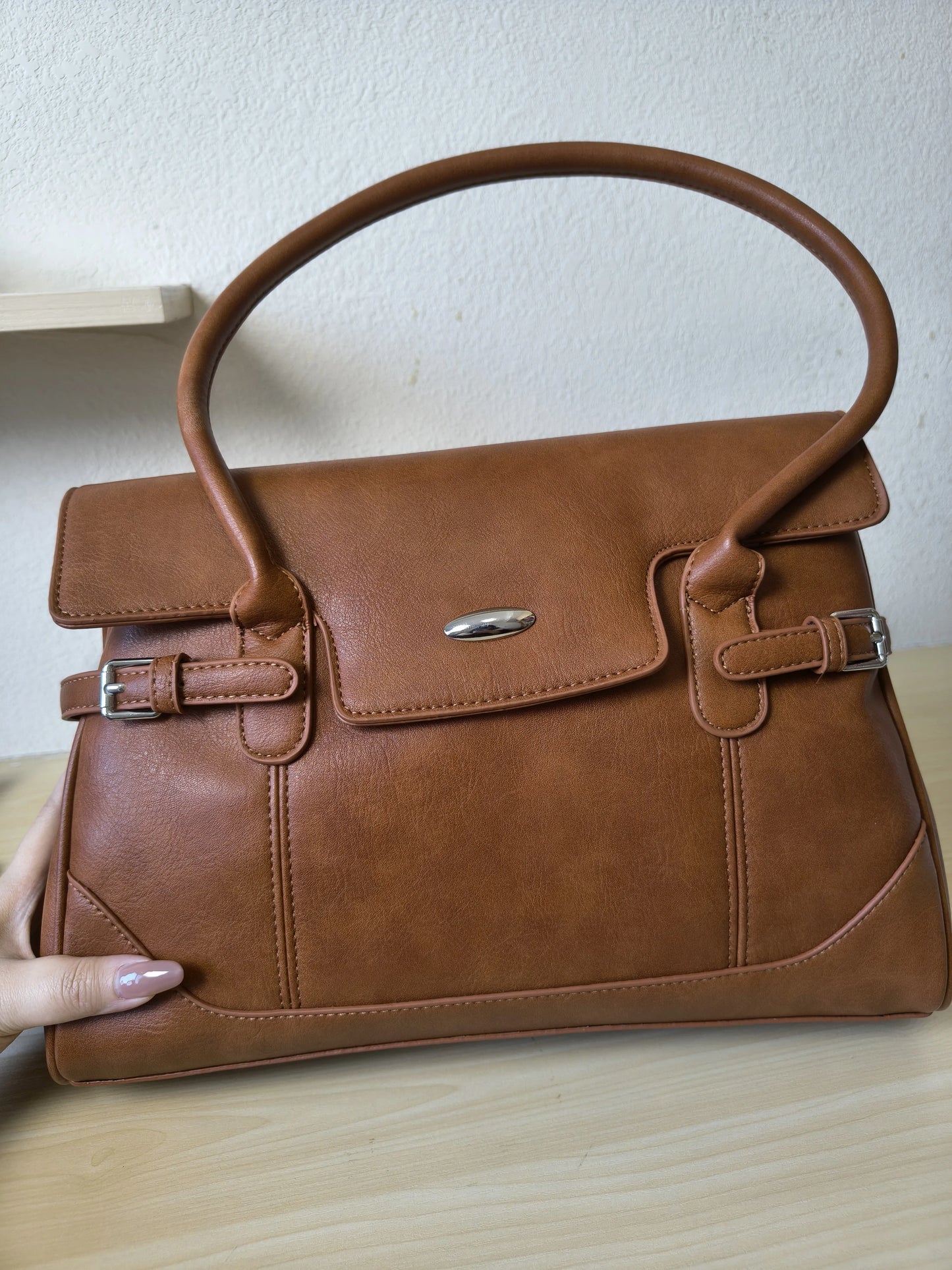 Caramel Matte Leather 3-Piece Structured Tote Bag Set (E68)