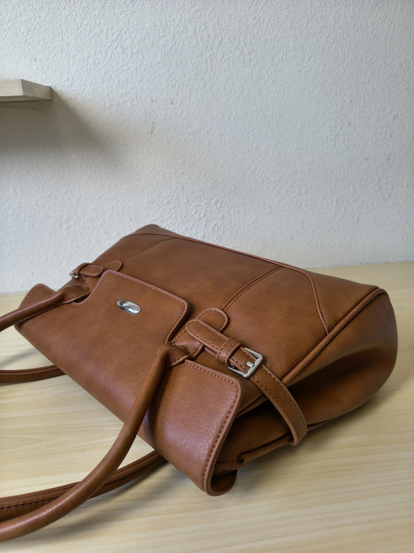 Caramel Matte Leather 3-Piece Structured Tote Bag Set (E68)