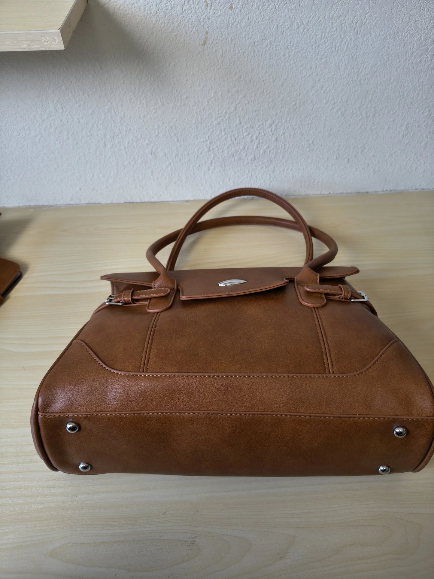 Caramel Matte Leather 3-Piece Structured Tote Bag Set (E68)