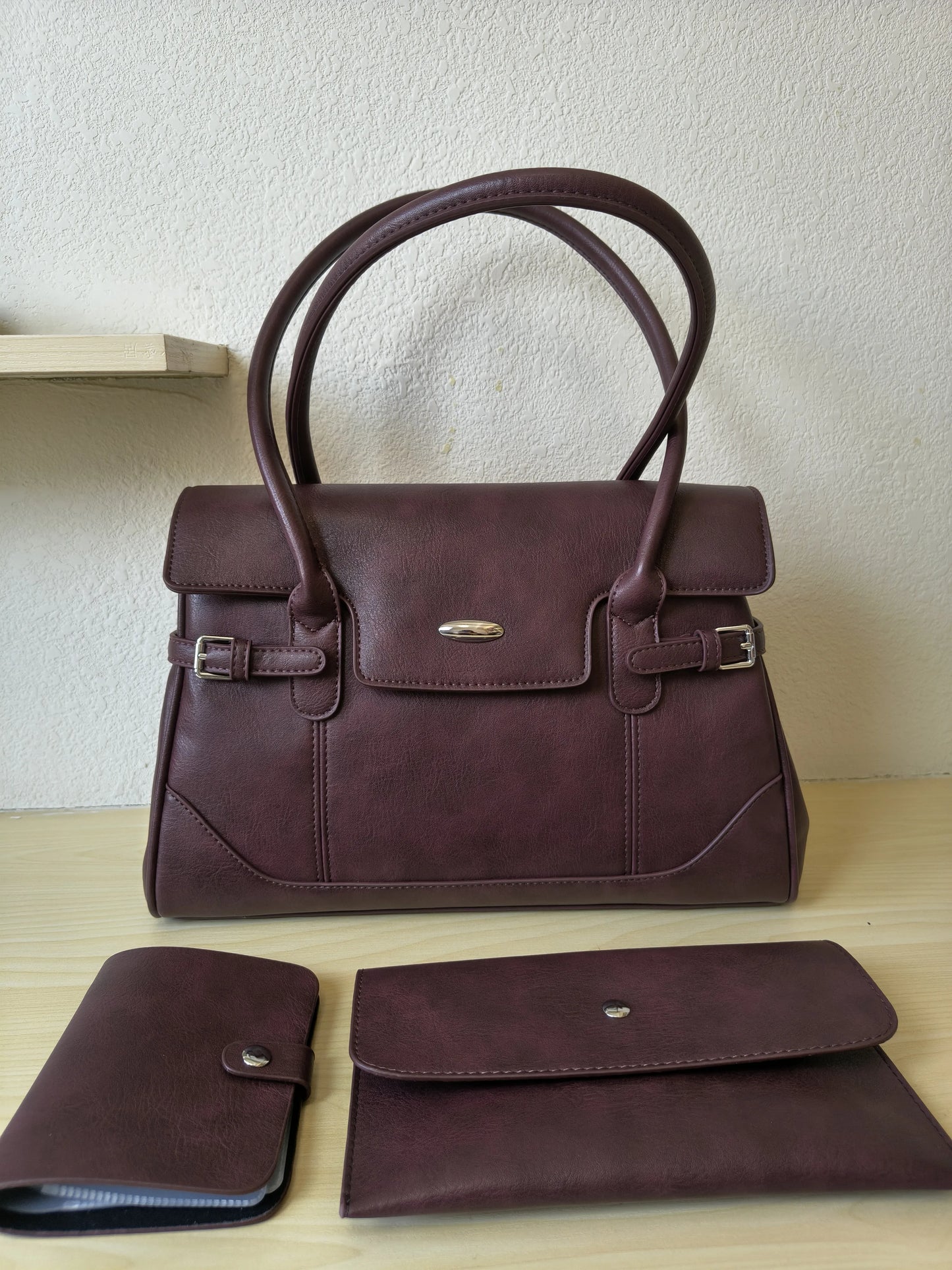 Burgundy Matte Leather 3-Piece Structured Tote Bag Set (E69)