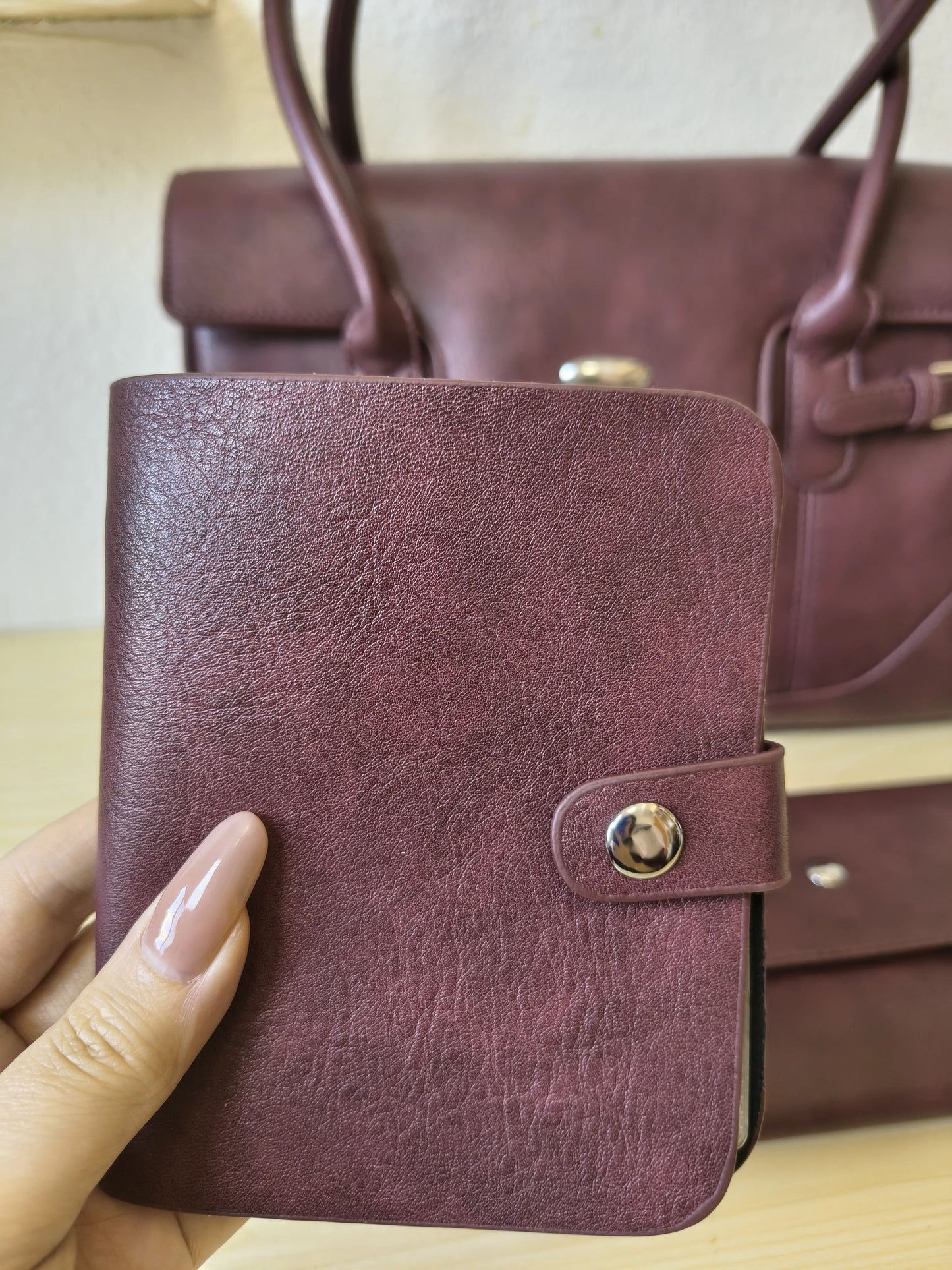 Burgundy Matte Leather 3-Piece Structured Tote Bag Set (E69)