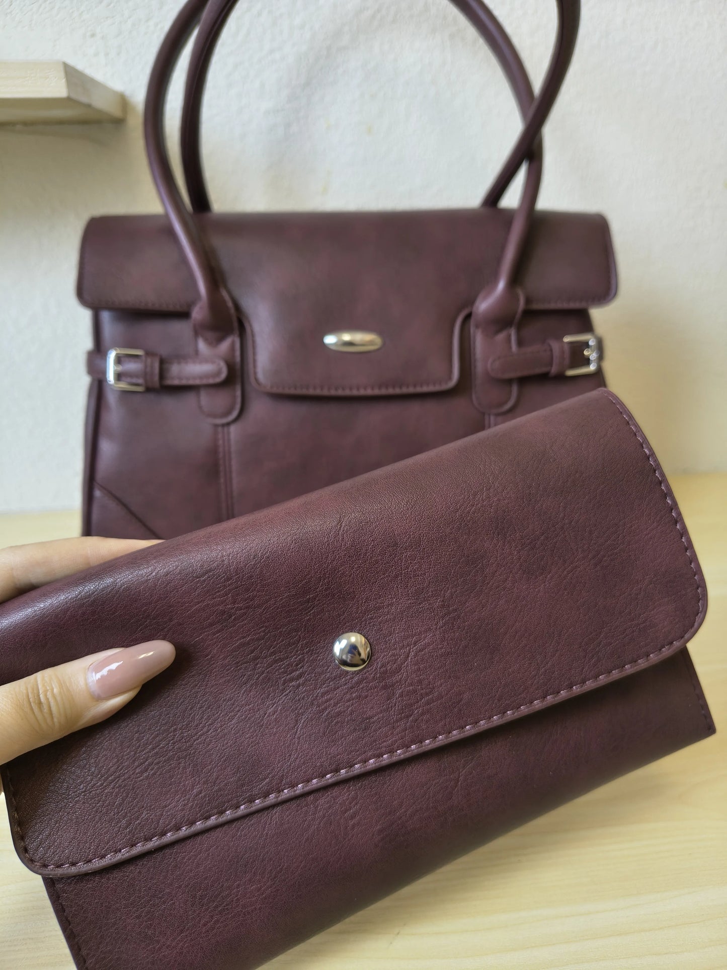 Burgundy Matte Leather 3-Piece Structured Tote Bag Set (E69)
