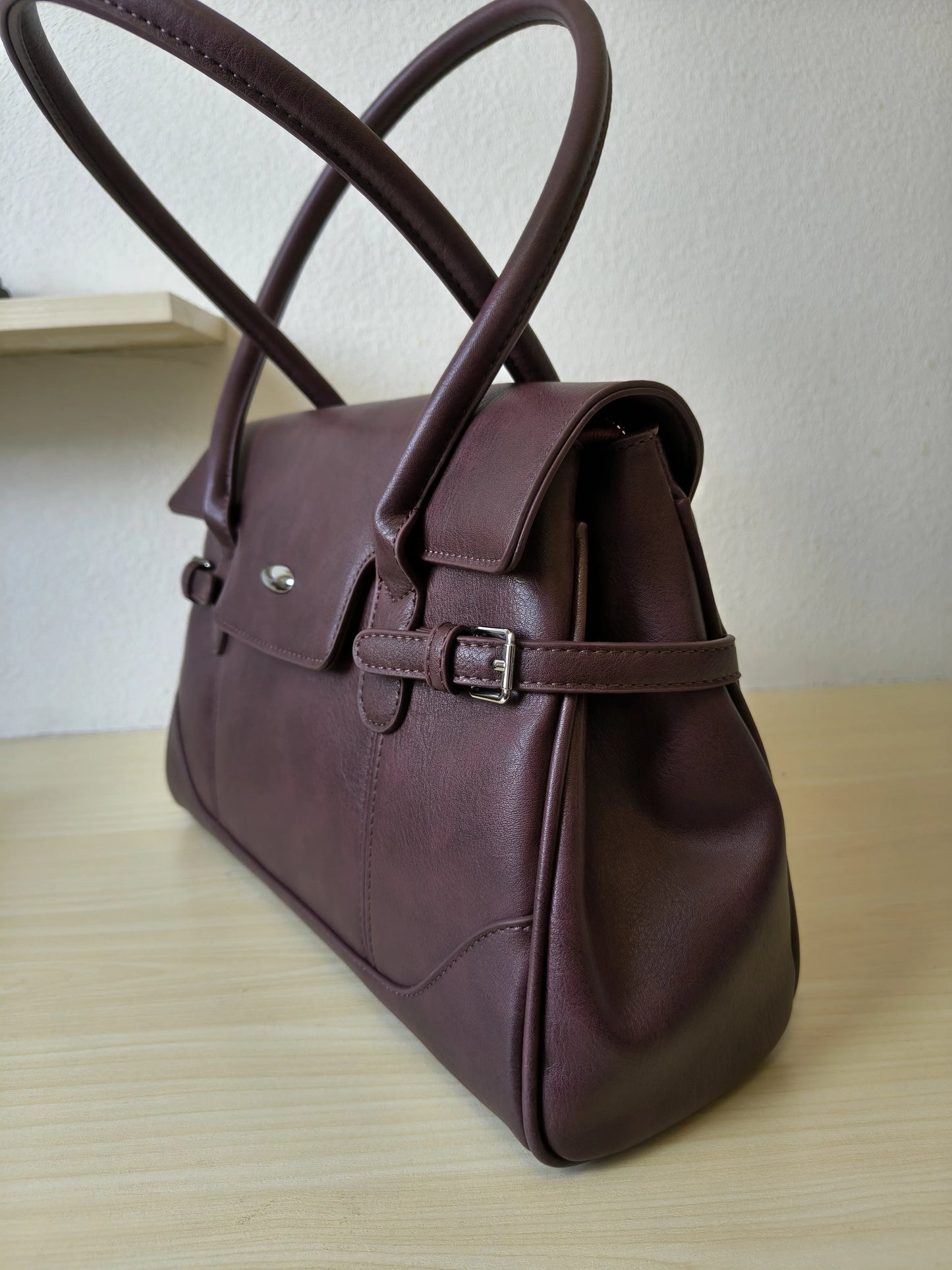 Burgundy Matte Leather 3-Piece Structured Tote Bag Set (E69)