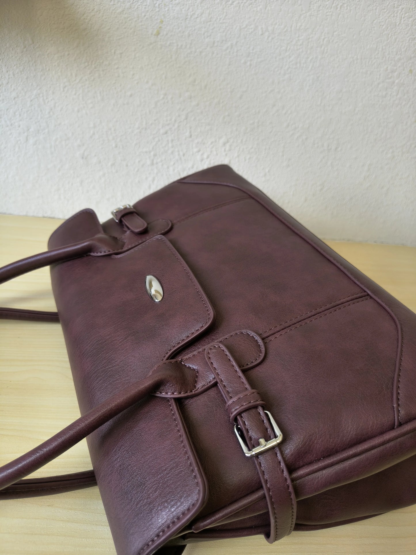 Burgundy Matte Leather 3-Piece Structured Tote Bag Set (E69)