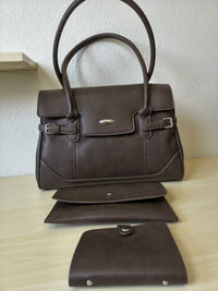 Brown Matte Leather 3-Piece Structured Tote Bag Set (E70)