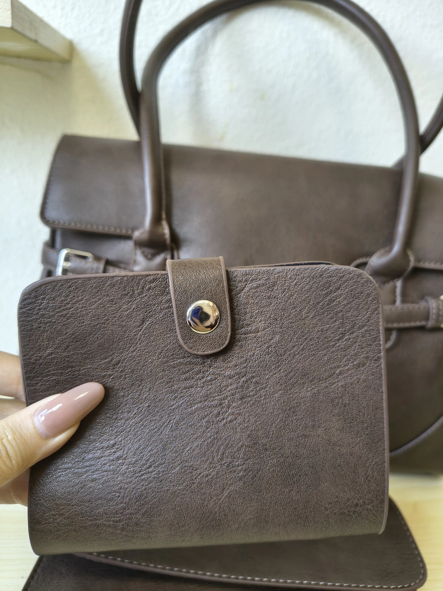 Brown Matte Leather 3-Piece Structured Tote Bag Set (E70)