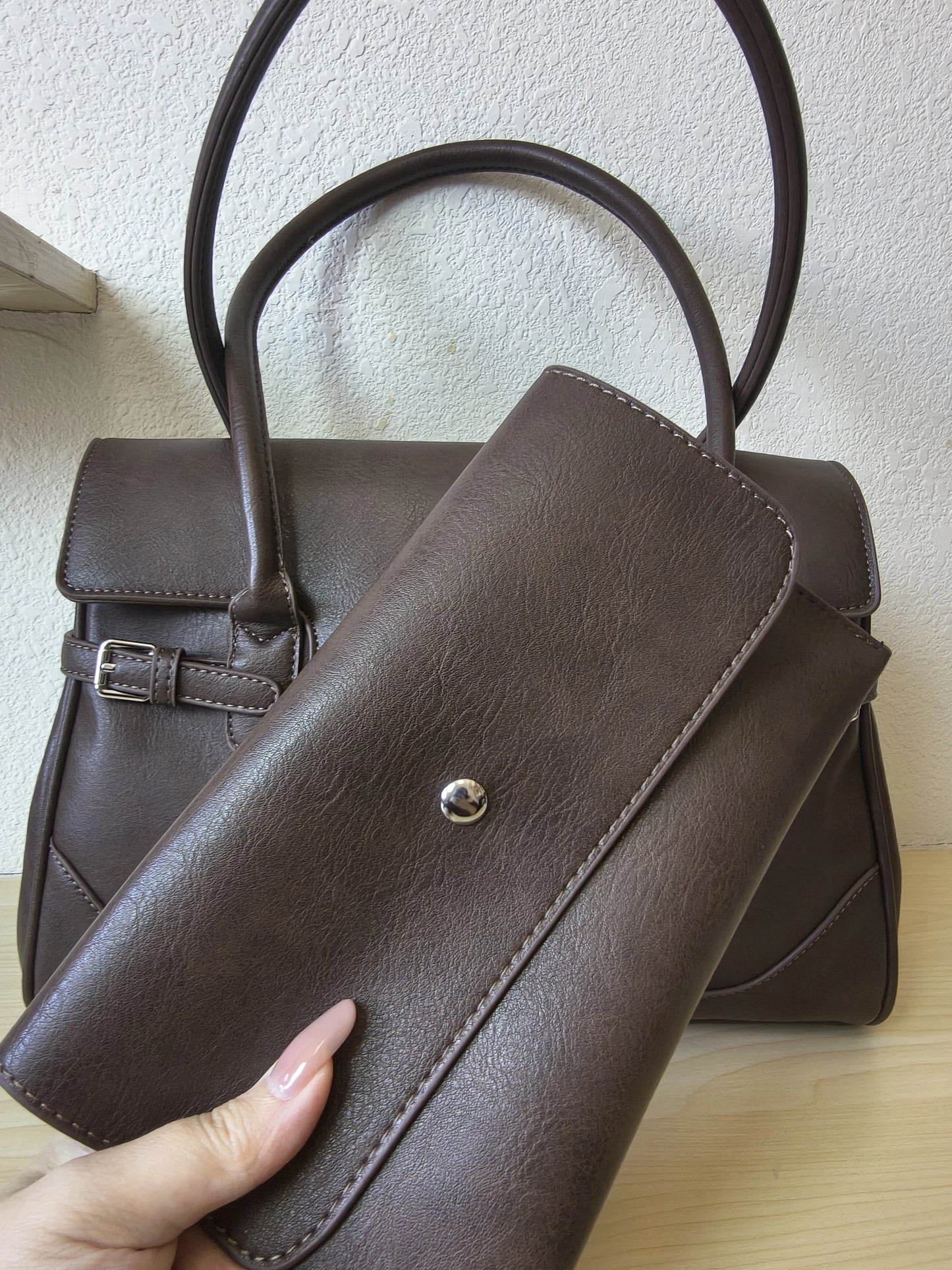 Brown Matte Leather 3-Piece Structured Tote Bag Set (E70)
