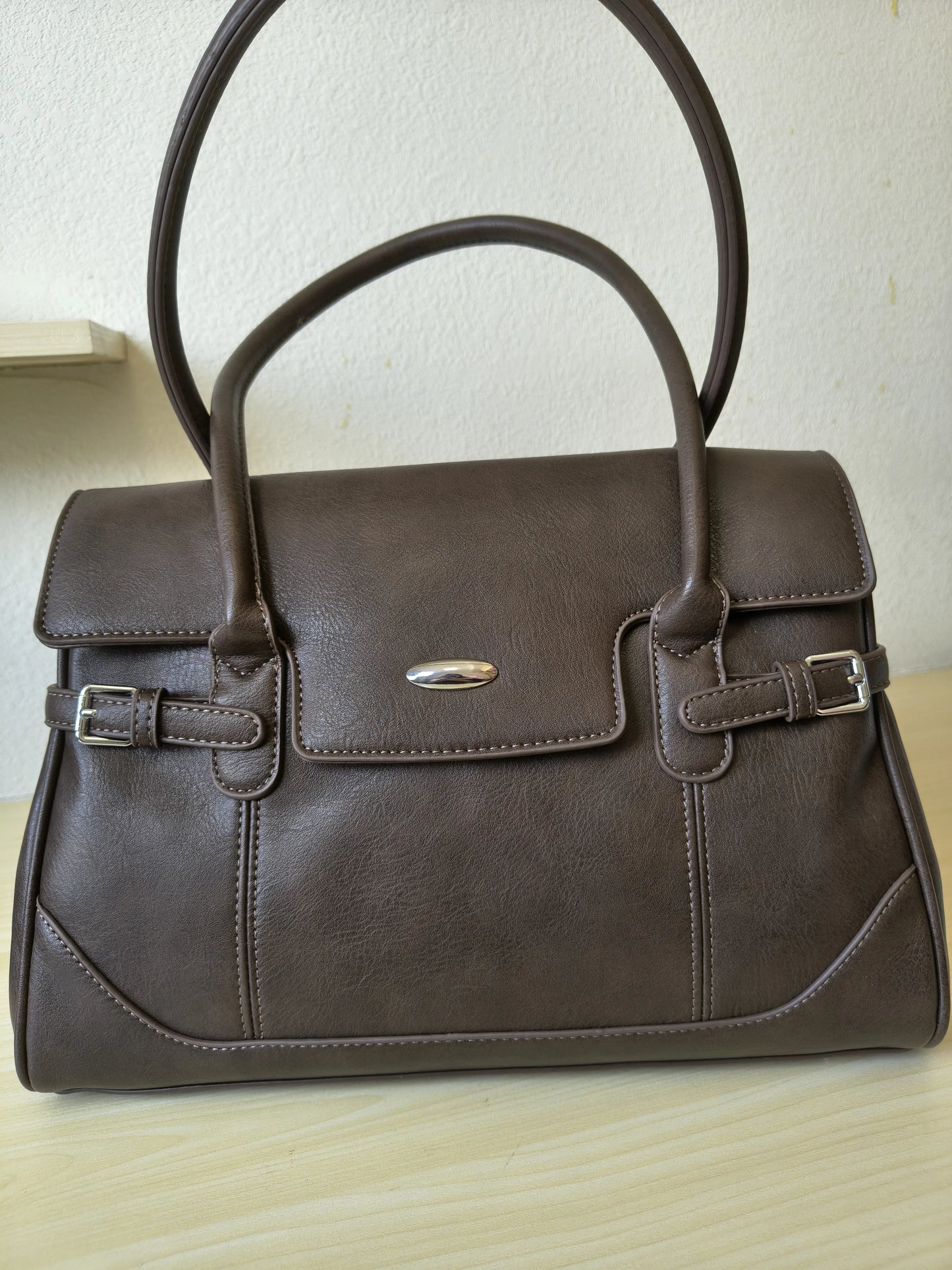 Brown Matte Leather 3-Piece Structured Tote Bag Set (E70)