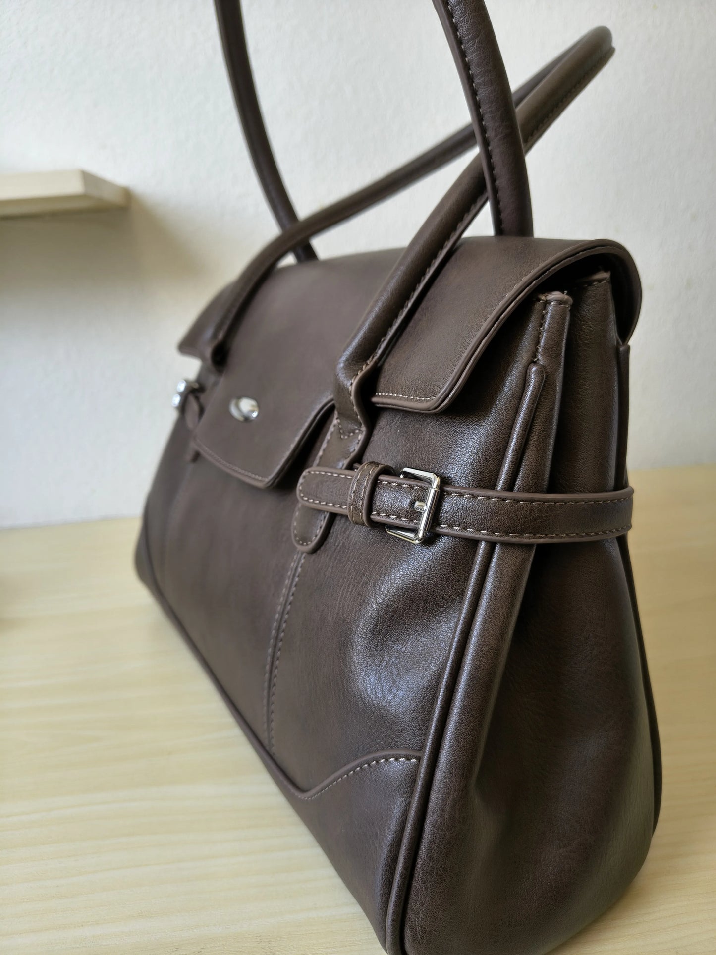 Brown Matte Leather 3-Piece Structured Tote Bag Set (E70)