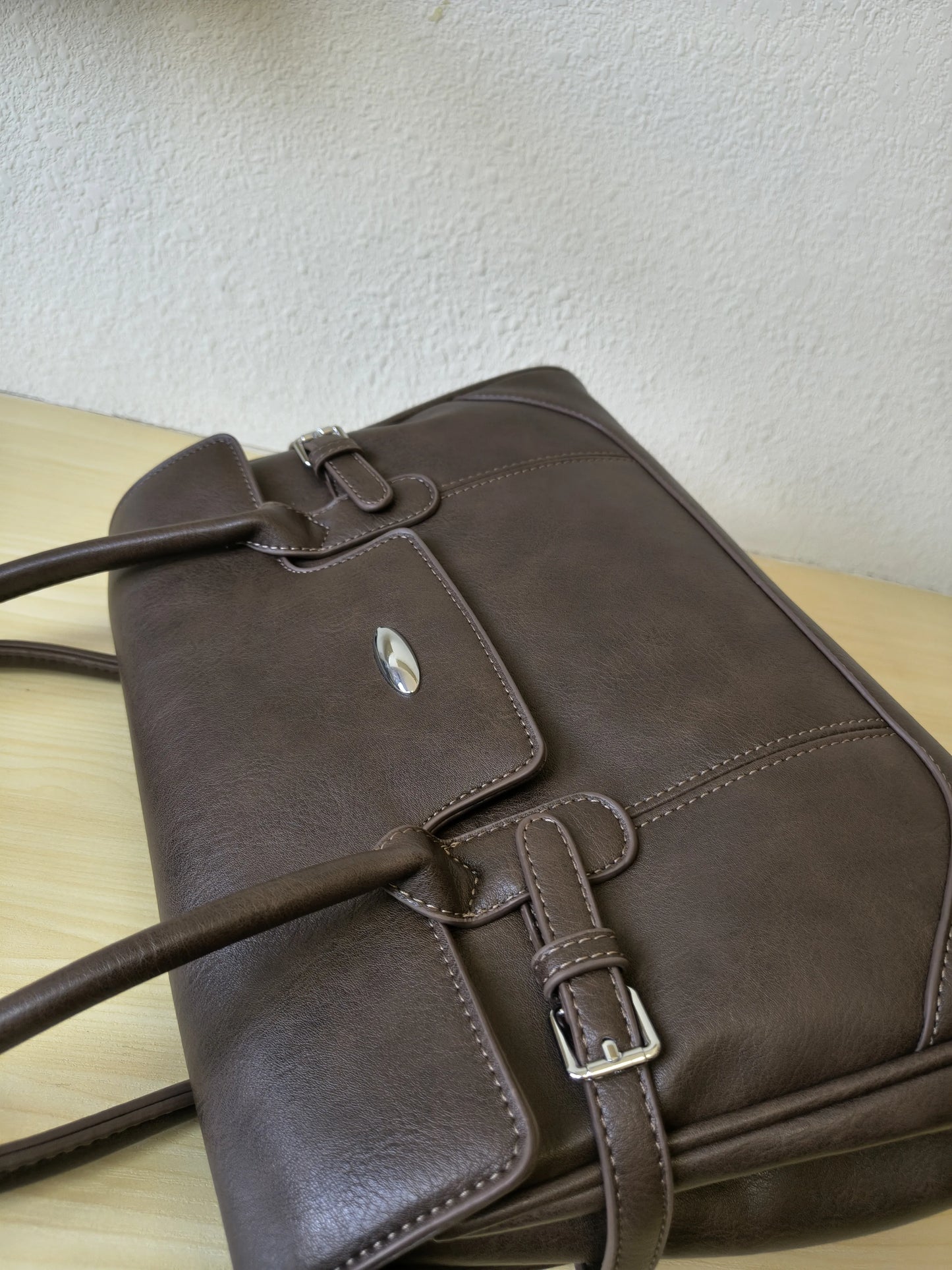 Brown Matte Leather 3-Piece Structured Tote Bag Set (E70)