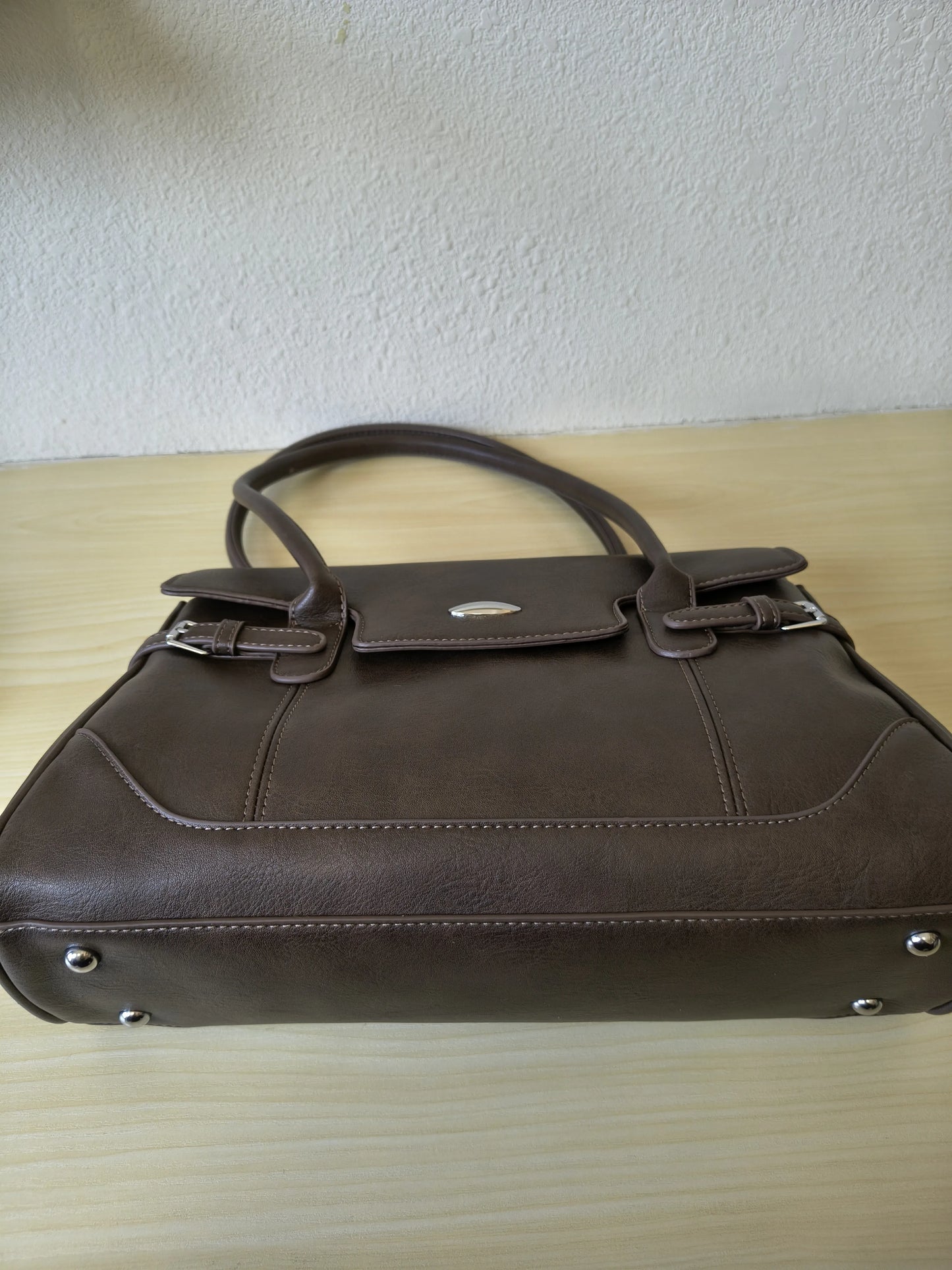 Brown Matte Leather 3-Piece Structured Tote Bag Set (E70)