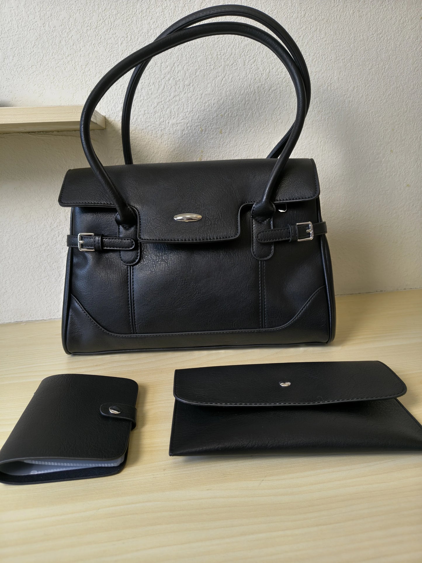 Black Matte Leather 3-Piece Structured Tote Bag Set (E71)