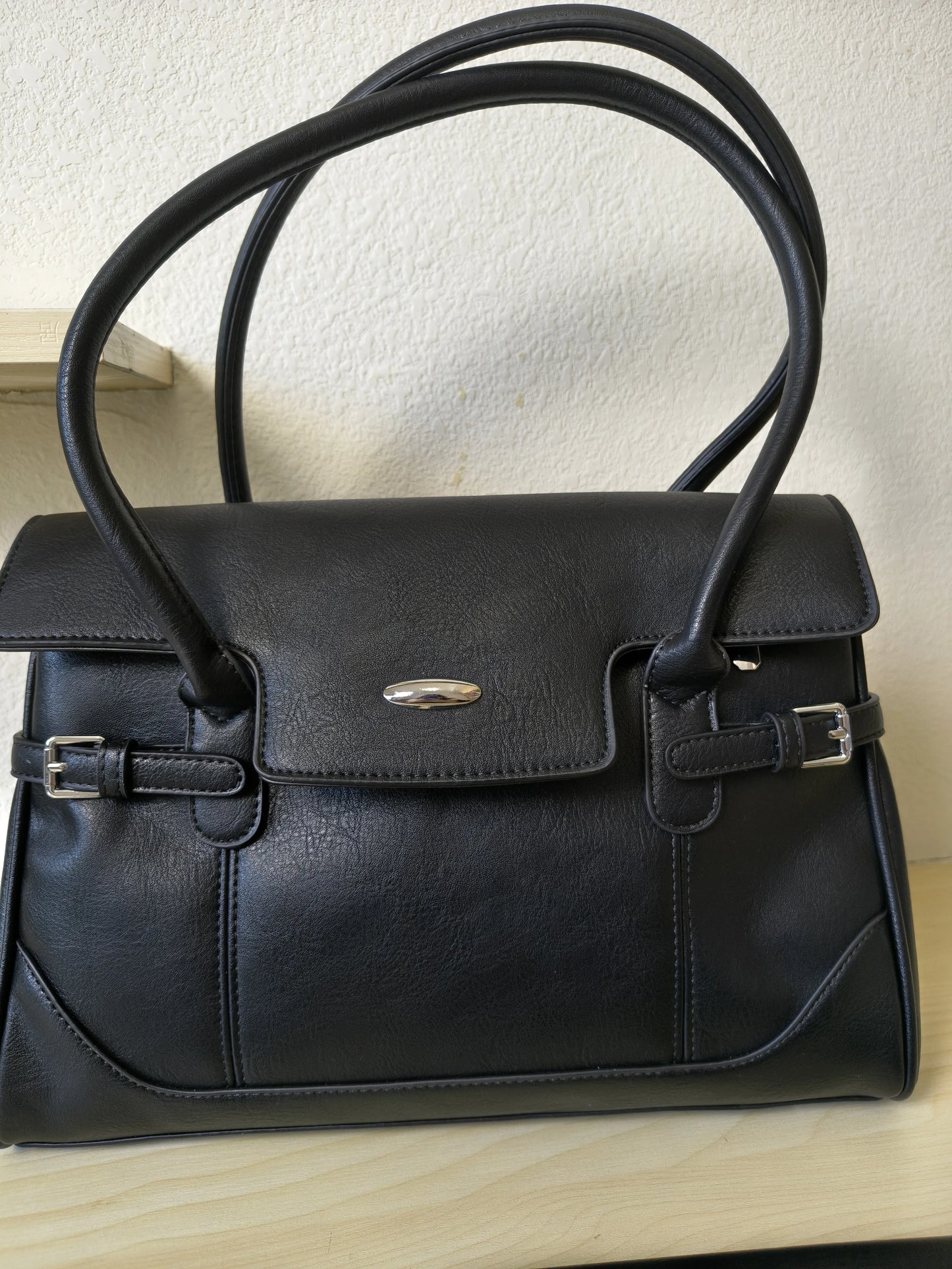 Black Matte Leather 3-Piece Structured Tote Bag Set (E71)