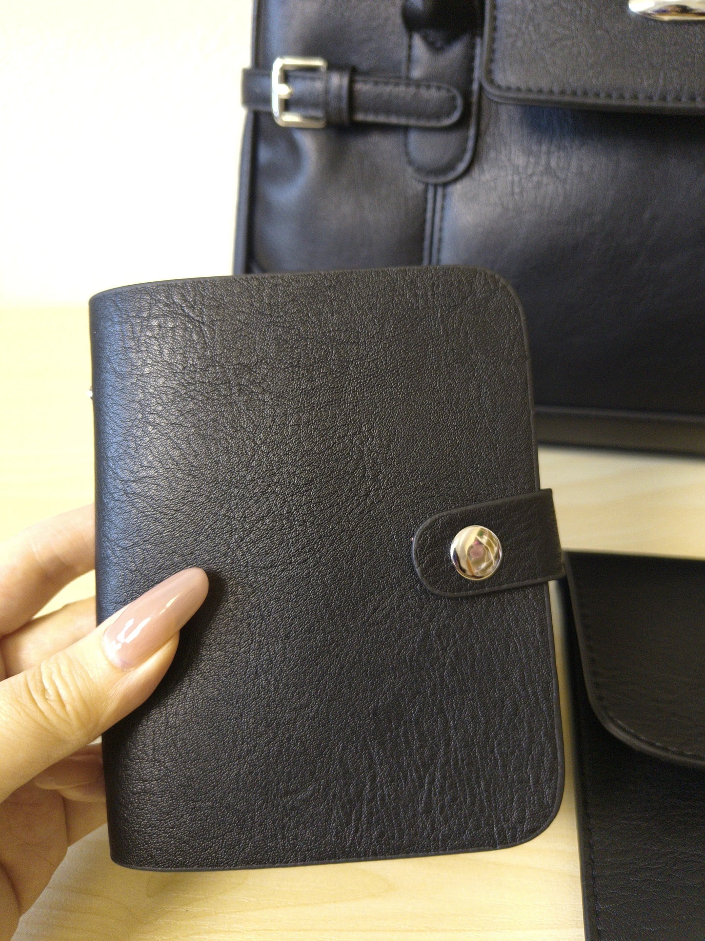 Black Matte Leather 3-Piece Structured Tote Bag Set (E71)