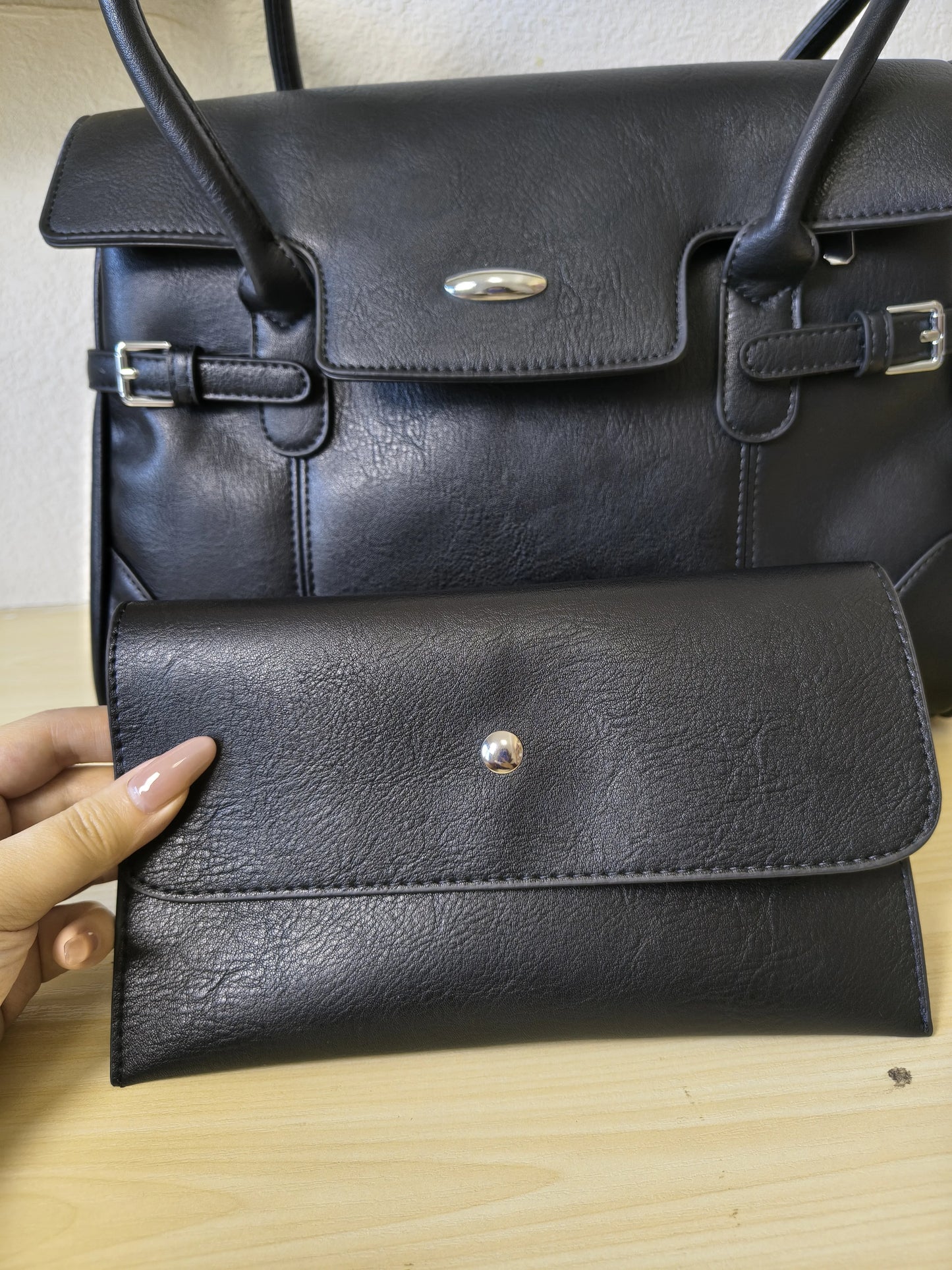 Black Matte Leather 3-Piece Structured Tote Bag Set (E71)
