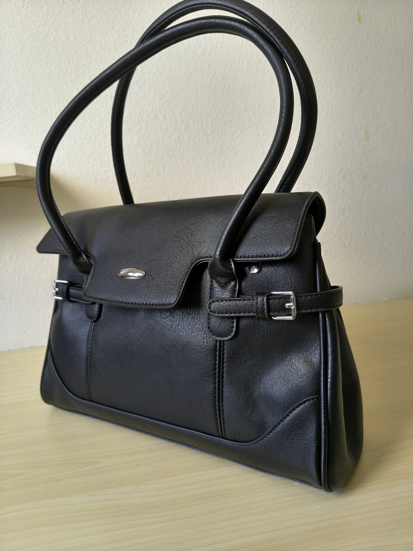 Black Matte Leather 3-Piece Structured Tote Bag Set (E71)