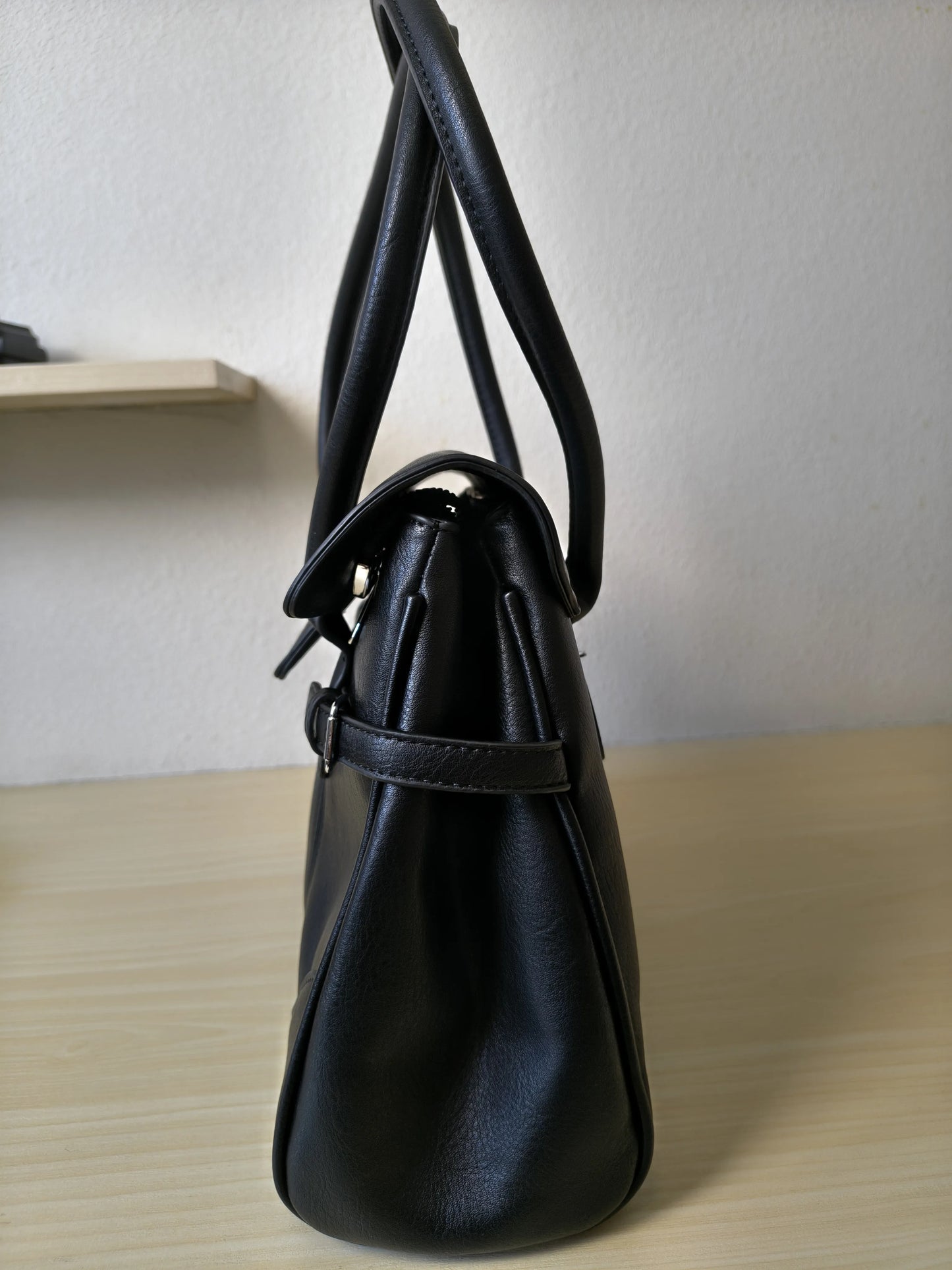 Black Matte Leather 3-Piece Structured Tote Bag Set (E71)