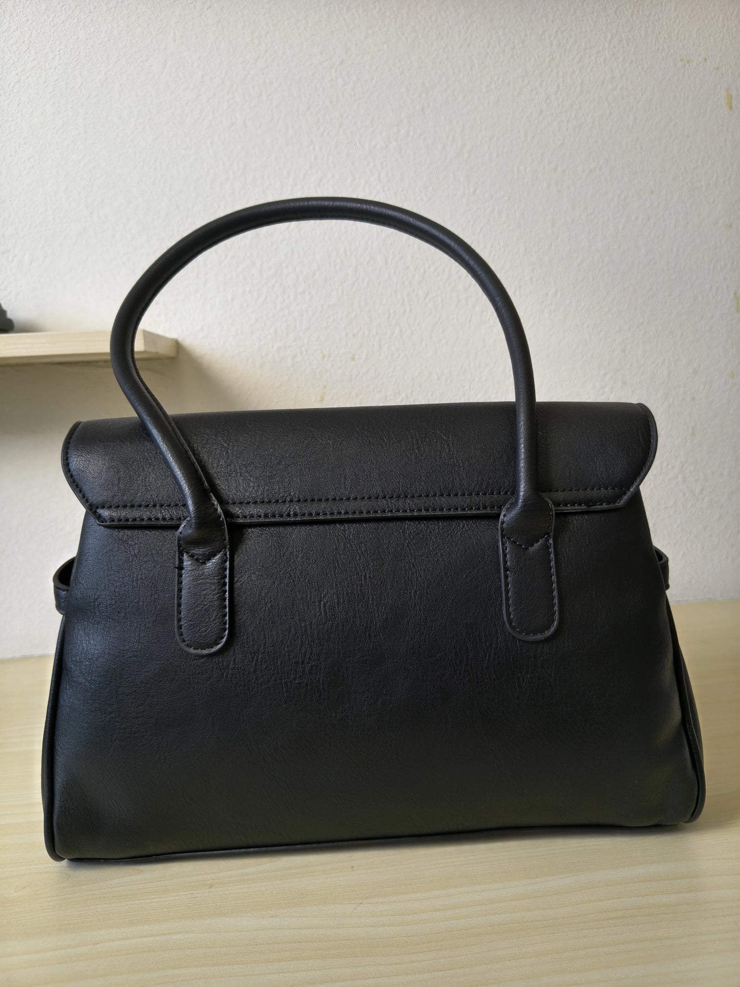 Black Matte Leather 3-Piece Structured Tote Bag Set (E71)