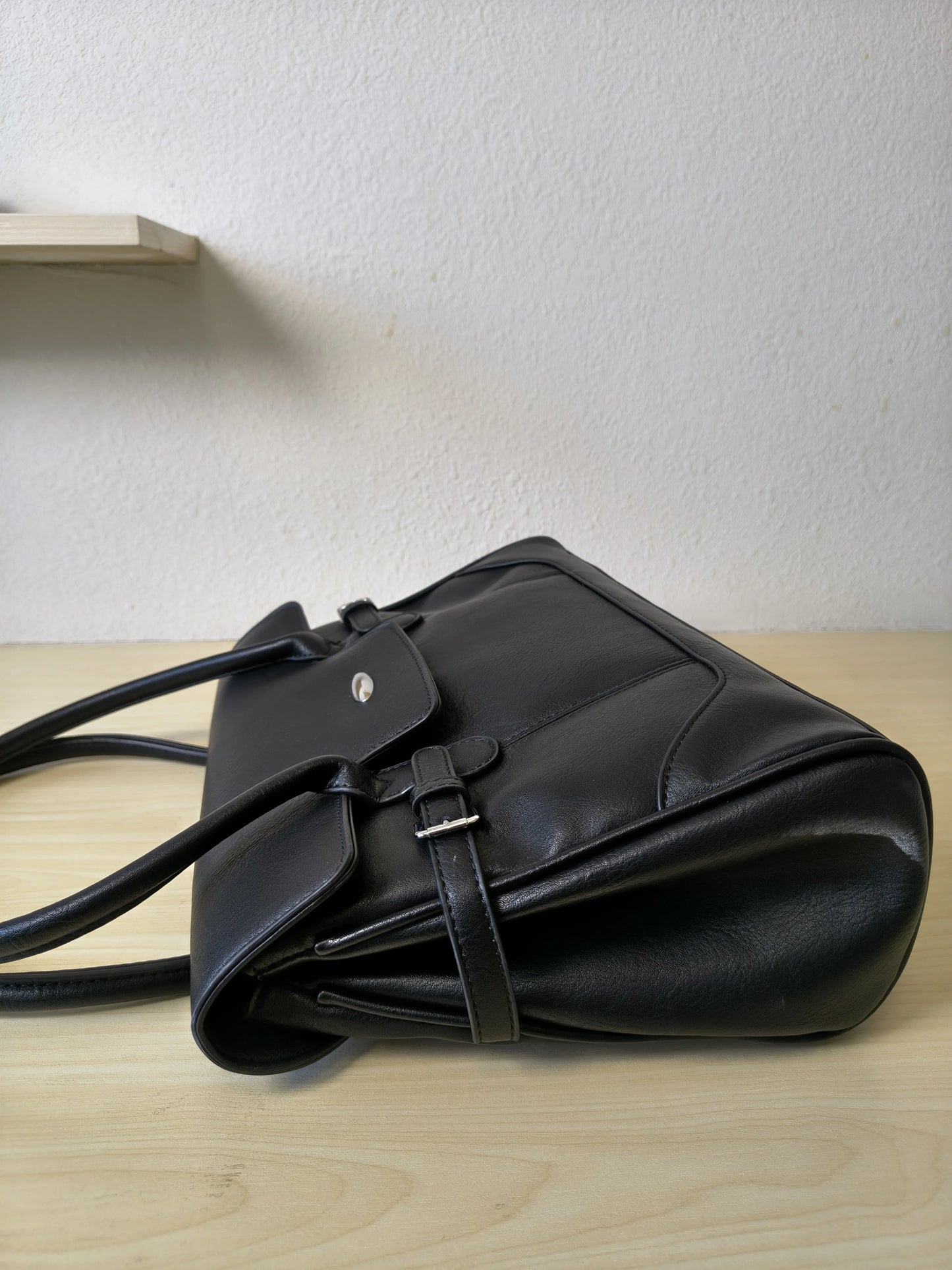 Black Matte Leather 3-Piece Structured Tote Bag Set (E71)