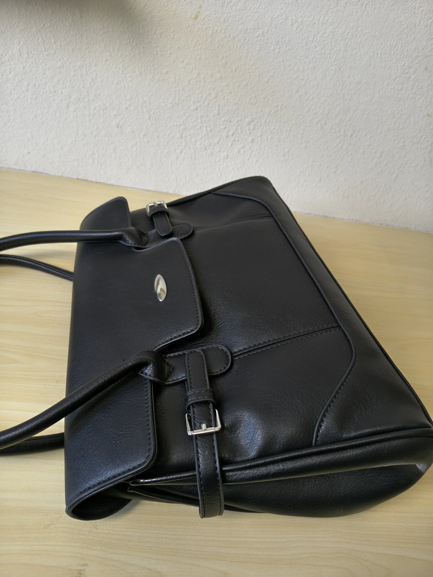 Black Matte Leather 3-Piece Structured Tote Bag Set (E71)