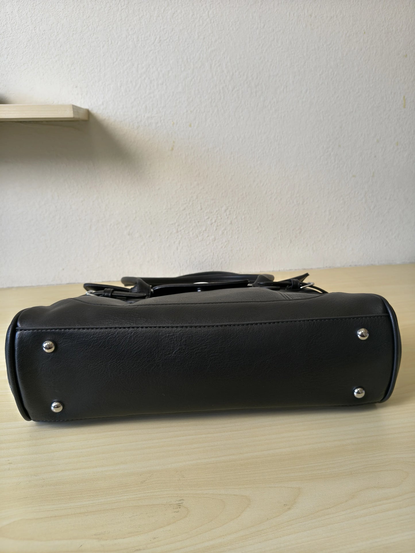 Black Matte Leather 3-Piece Structured Tote Bag Set (E71)