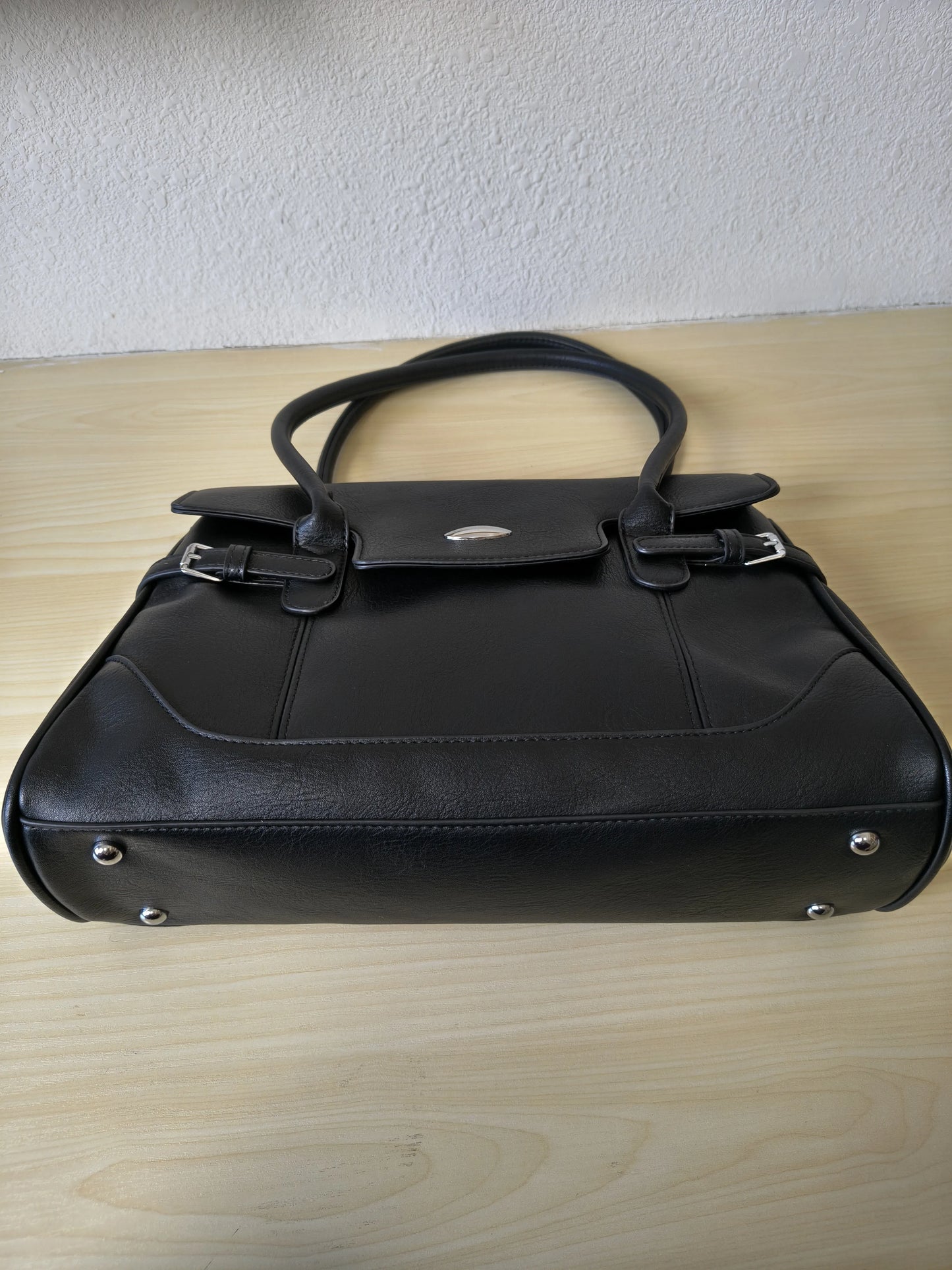 Black Matte Leather 3-Piece Structured Tote Bag Set (E71)
