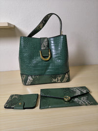 Forest Green Crocodile & Python Print 3-Piece Bucket Bag Set (E72)