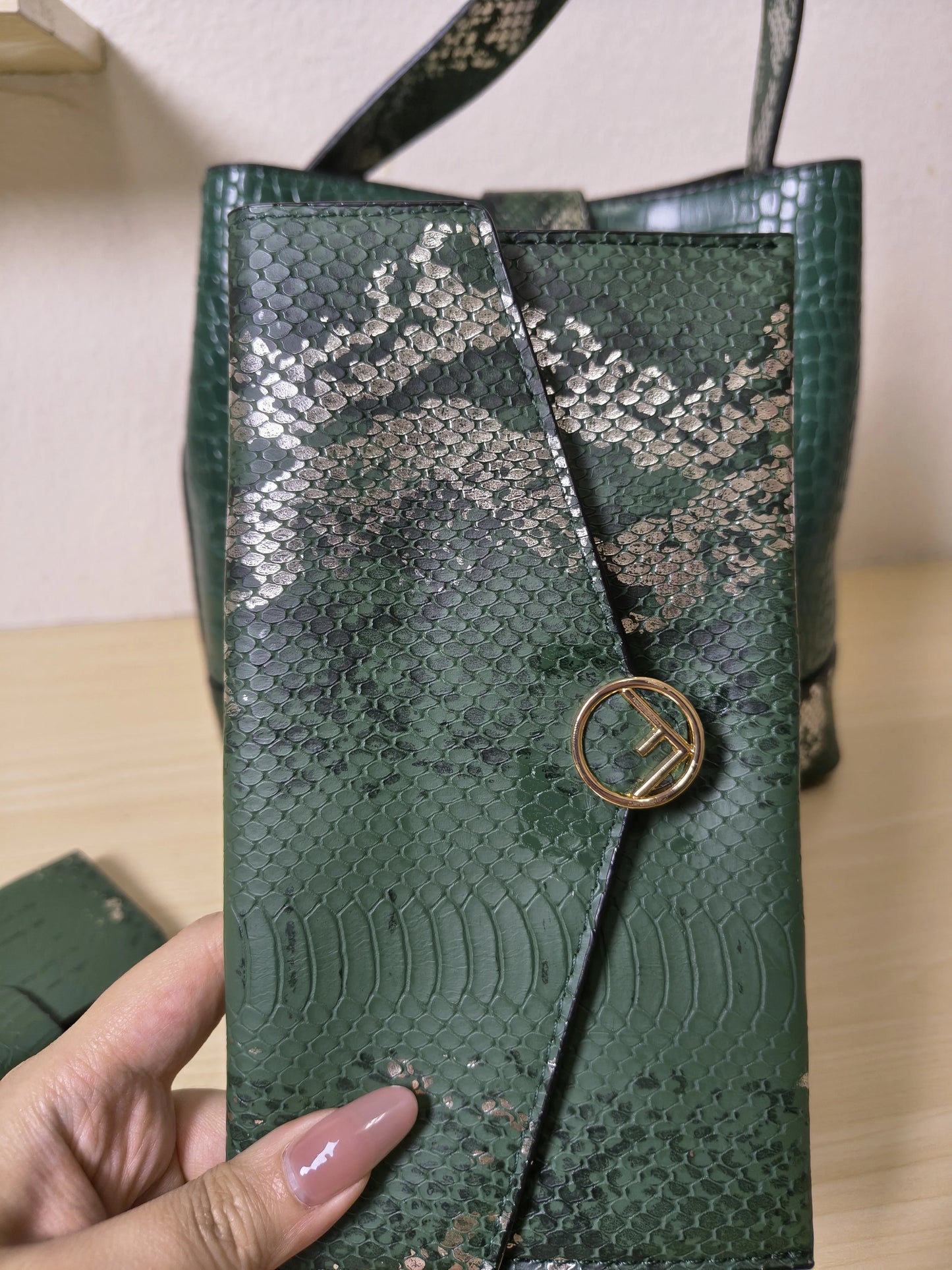 Forest Green Crocodile & Python Print 3-Piece Bucket Bag Set (E72)