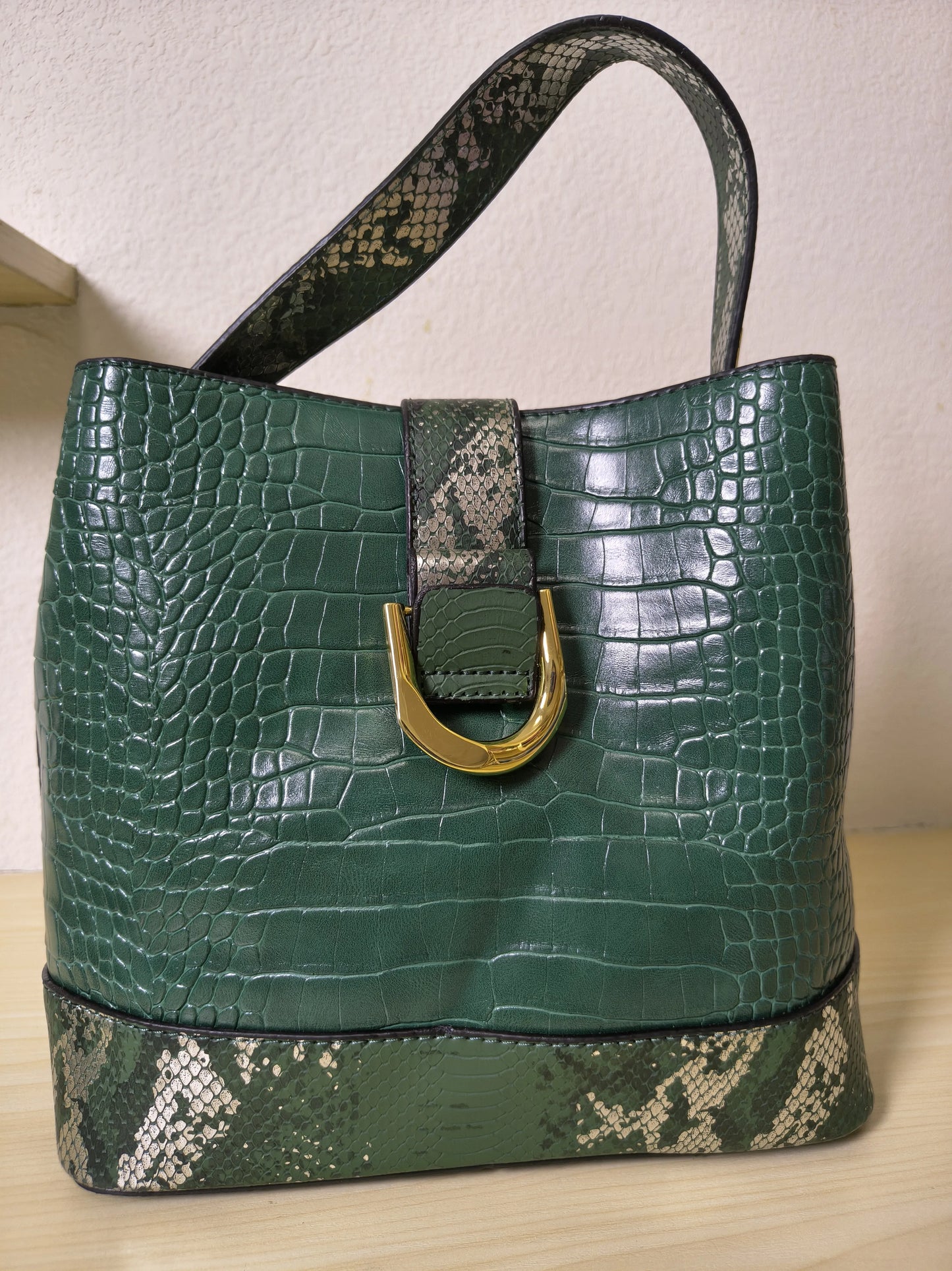 Forest Green Crocodile & Python Print 3-Piece Bucket Bag Set (E72)