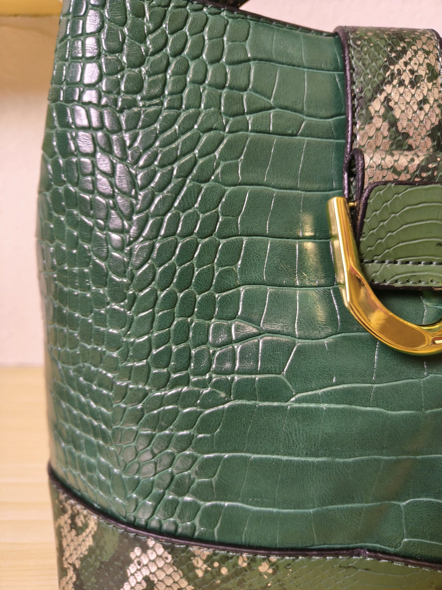 Forest Green Crocodile & Python Print 3-Piece Bucket Bag Set (E72)