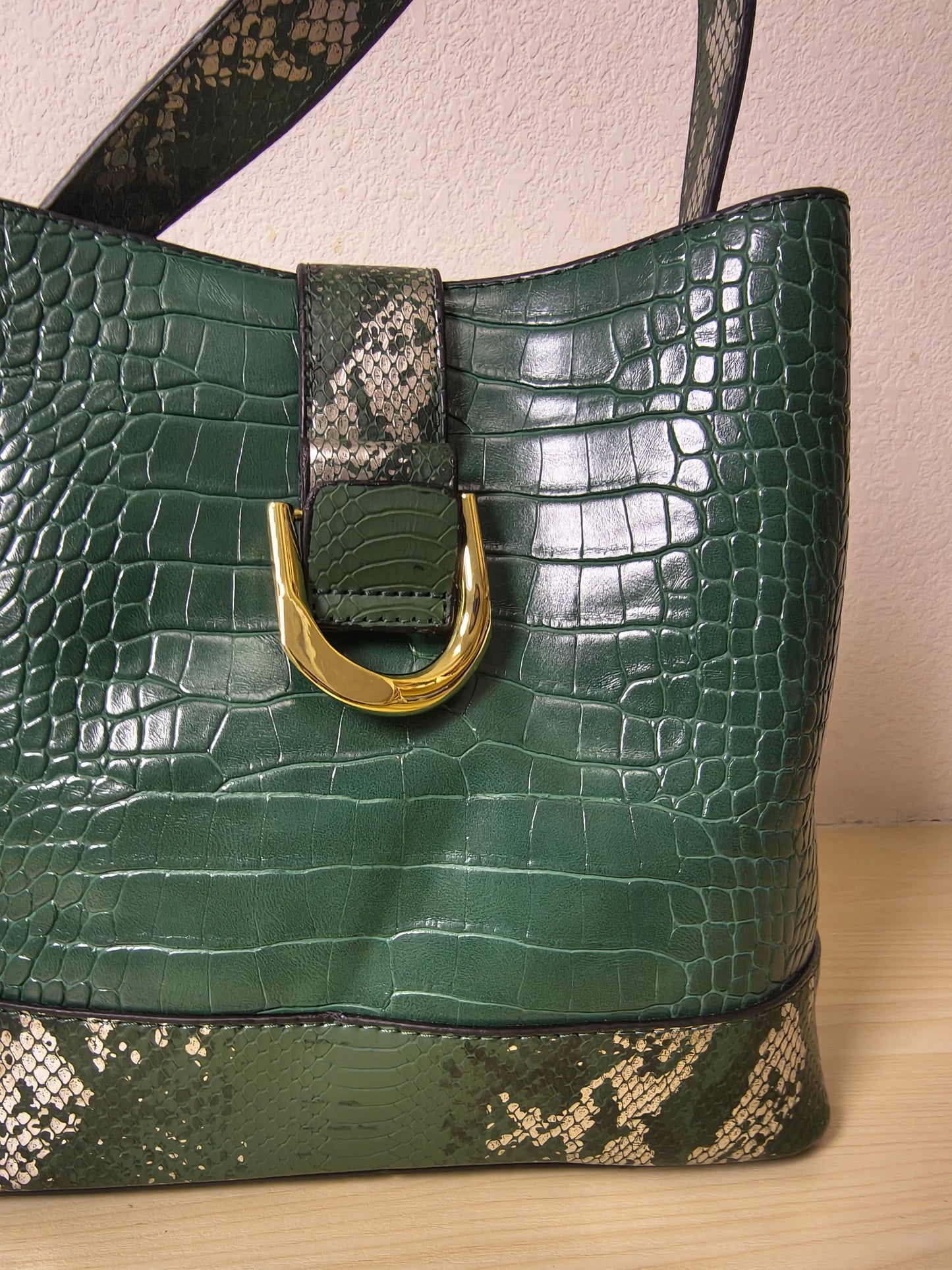 Forest Green Crocodile & Python Print 3-Piece Bucket Bag Set (E72)
