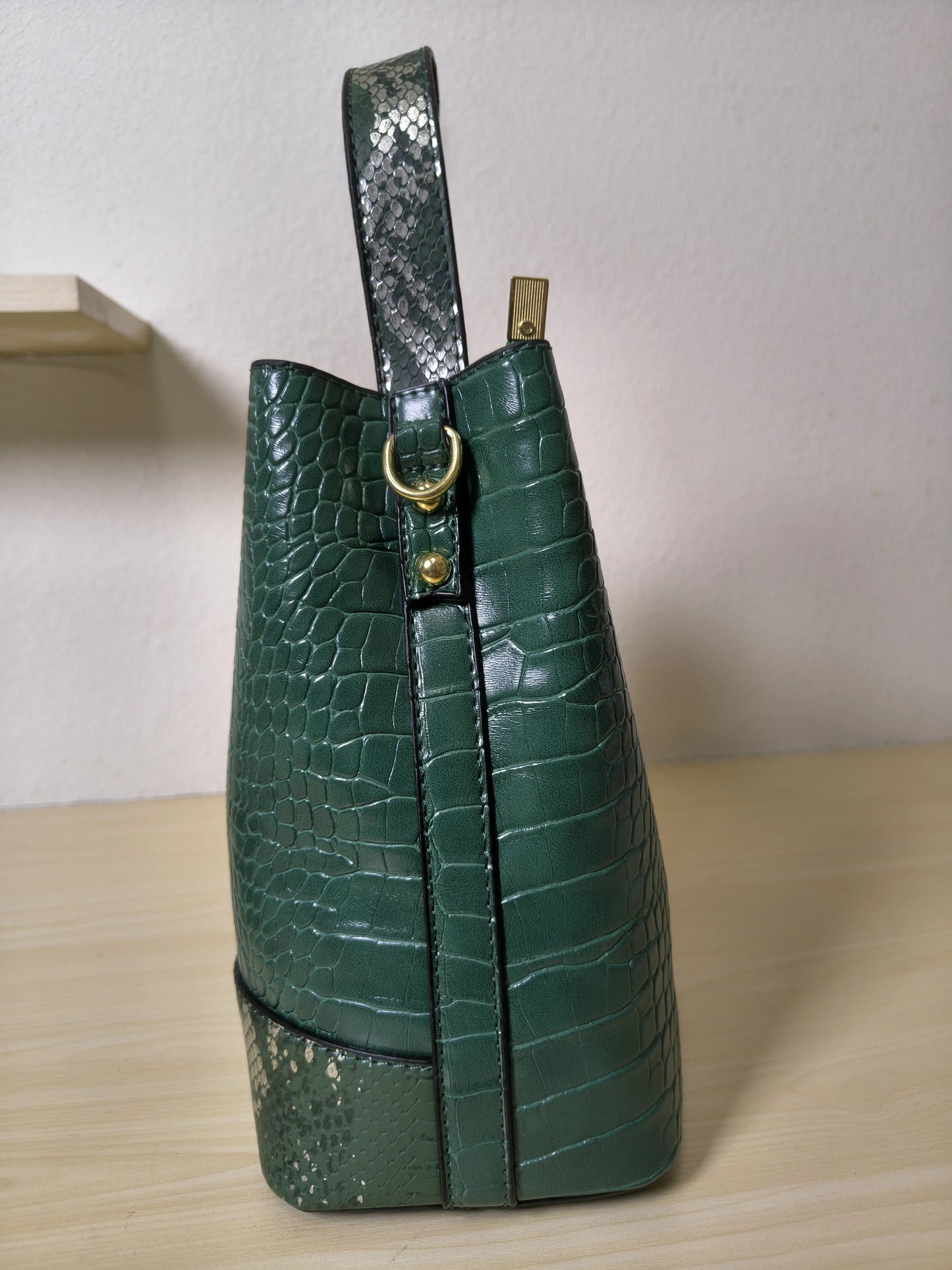 Forest Green Crocodile & Python Print 3-Piece Bucket Bag Set (E72)