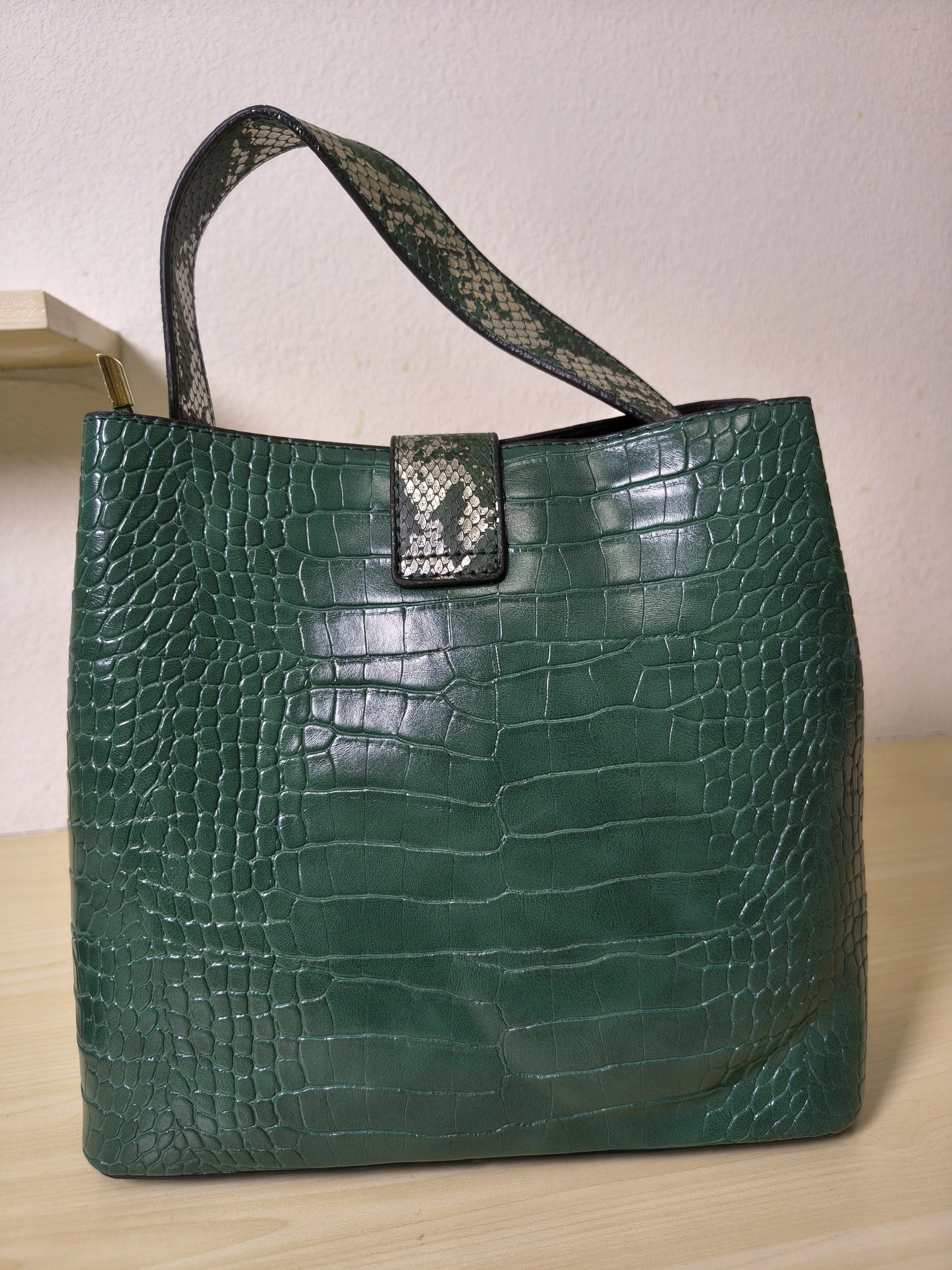 Forest Green Crocodile & Python Print 3-Piece Bucket Bag Set (E72)