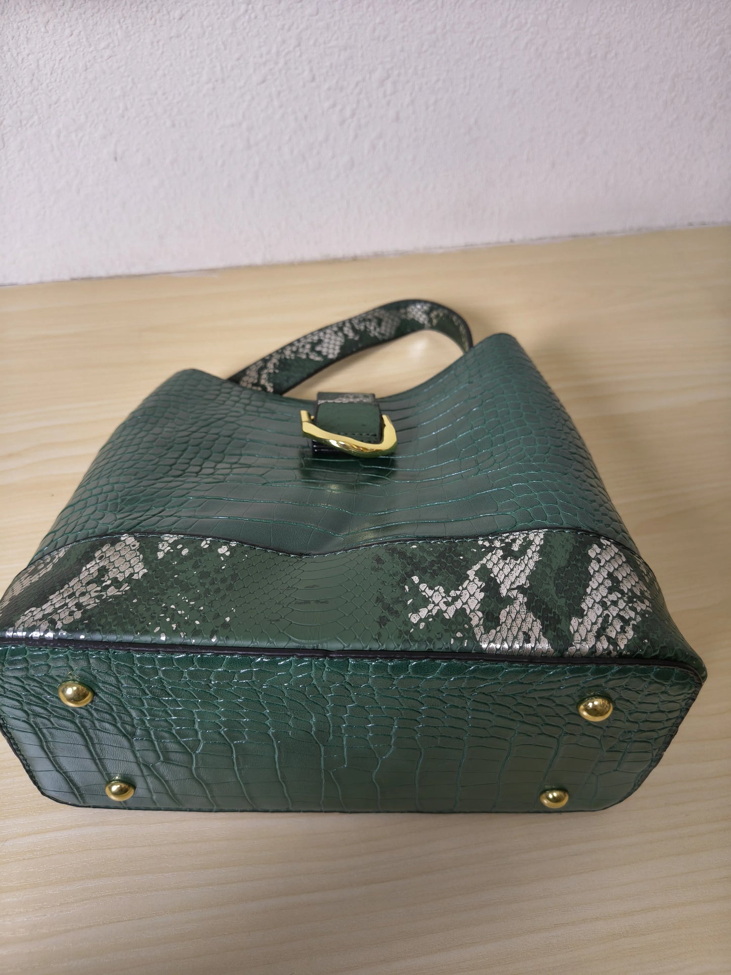 Forest Green Crocodile & Python Print 3-Piece Bucket Bag Set (E72)