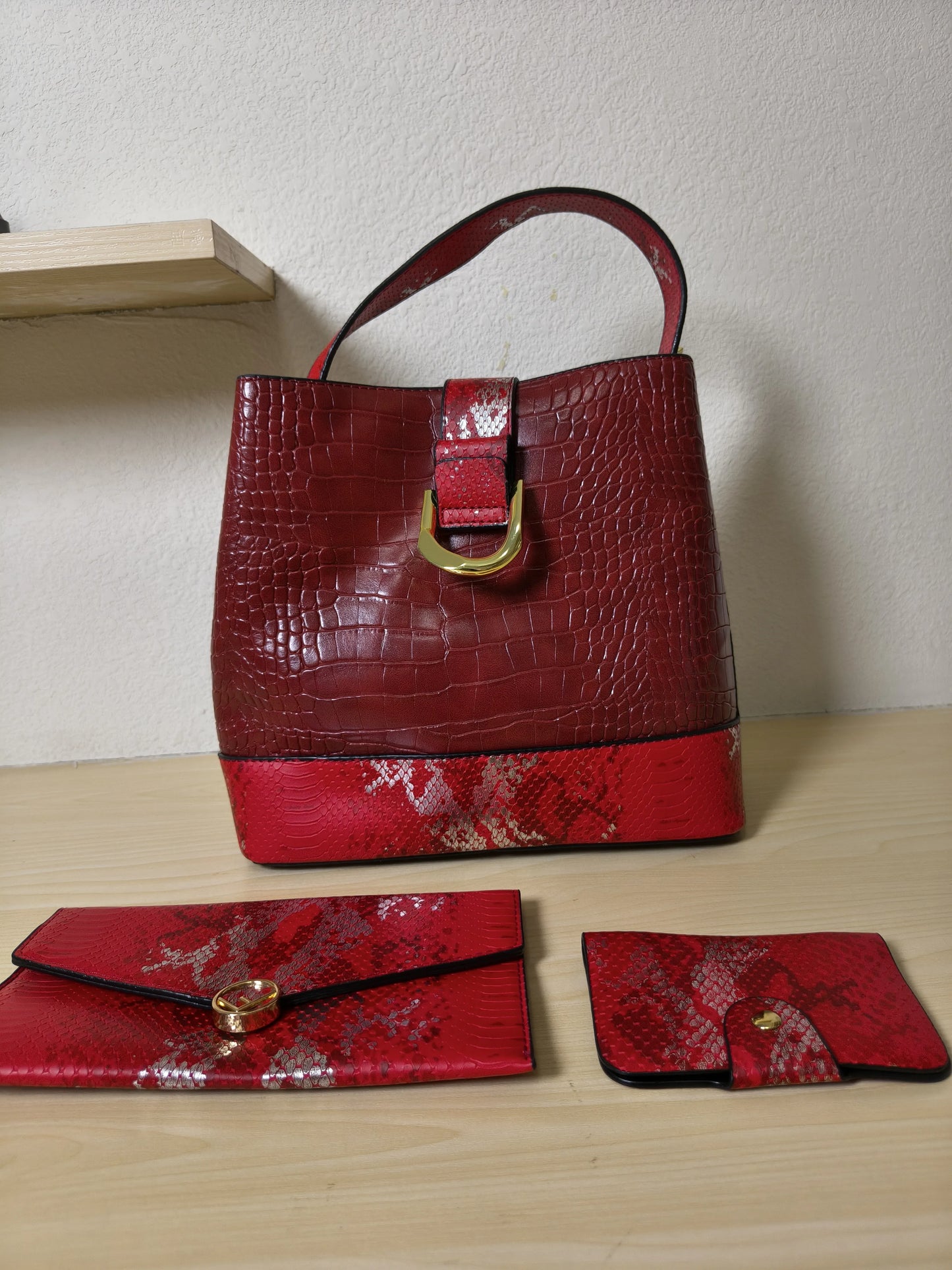 Burgundy Crocodile & Python Print 3-Piece Bucket Bag Set (E73)