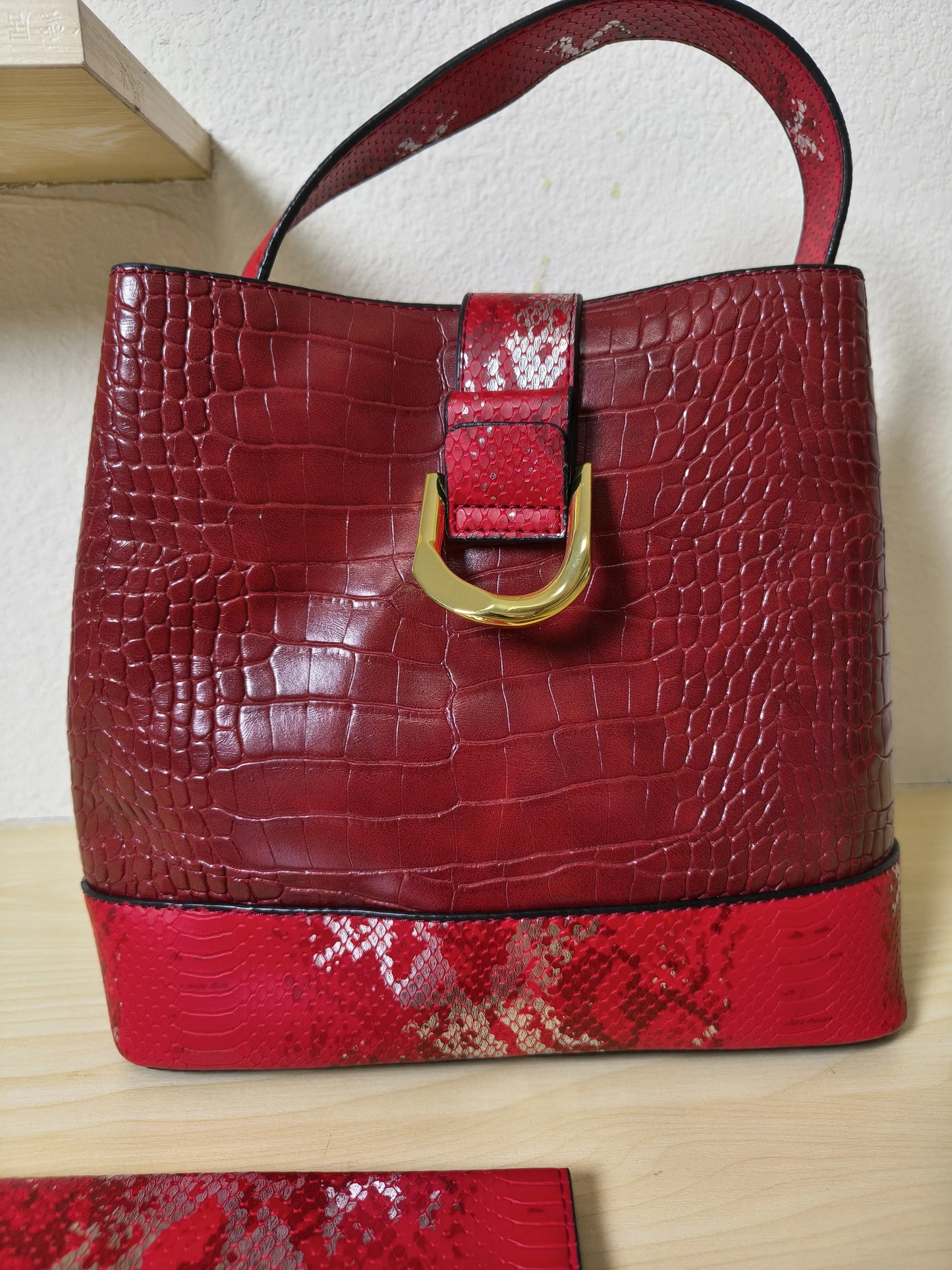 Burgundy Crocodile & Python Print 3-Piece Bucket Bag Set (E73)
