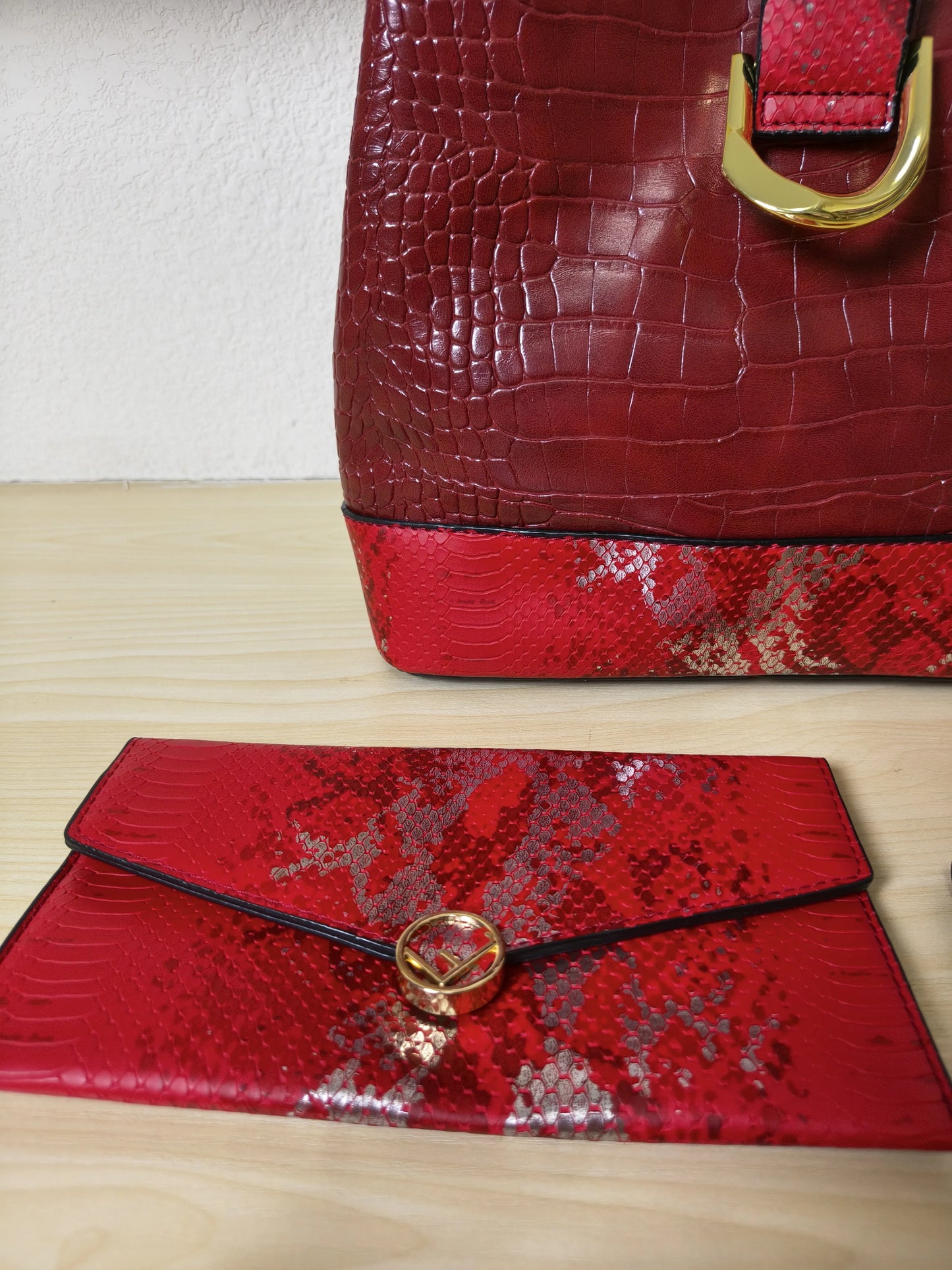 Burgundy Crocodile & Python Print 3-Piece Bucket Bag Set (E73)
