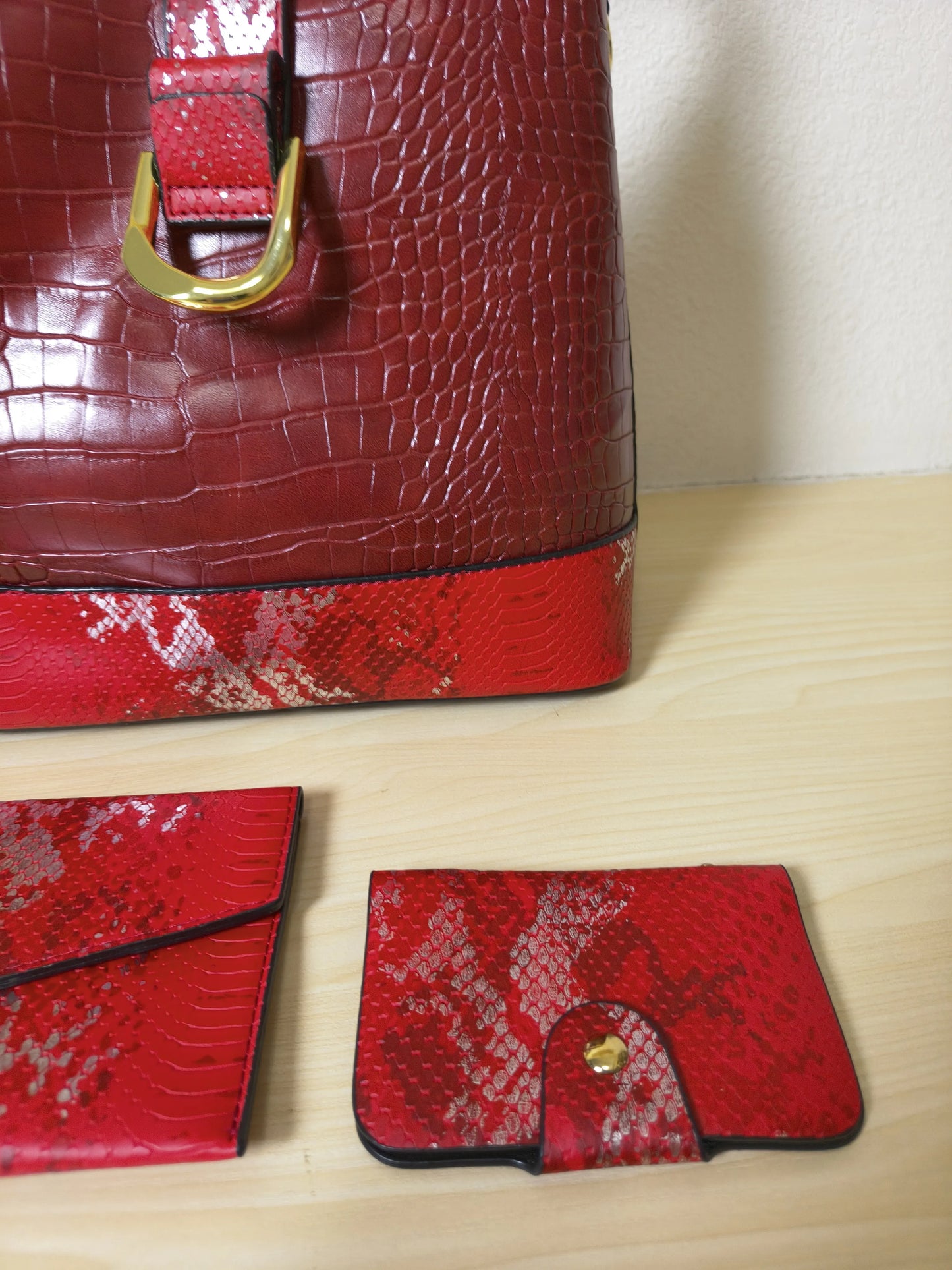 Burgundy Crocodile & Python Print 3-Piece Bucket Bag Set (E73)