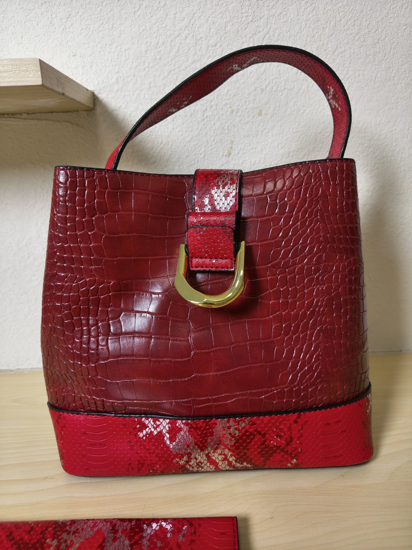 Burgundy Crocodile & Python Print 3-Piece Bucket Bag Set (E73)