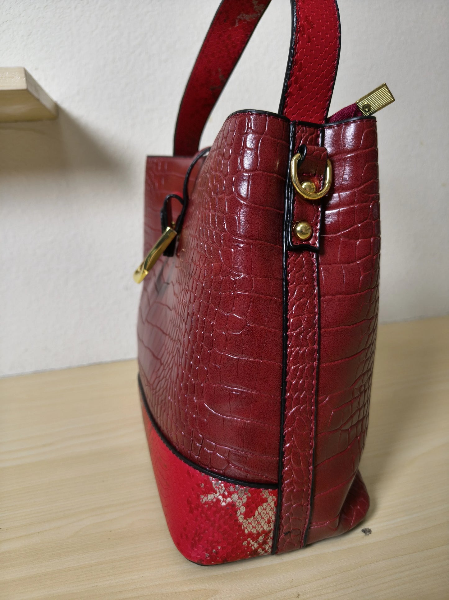 Burgundy Crocodile & Python Print 3-Piece Bucket Bag Set (E73)